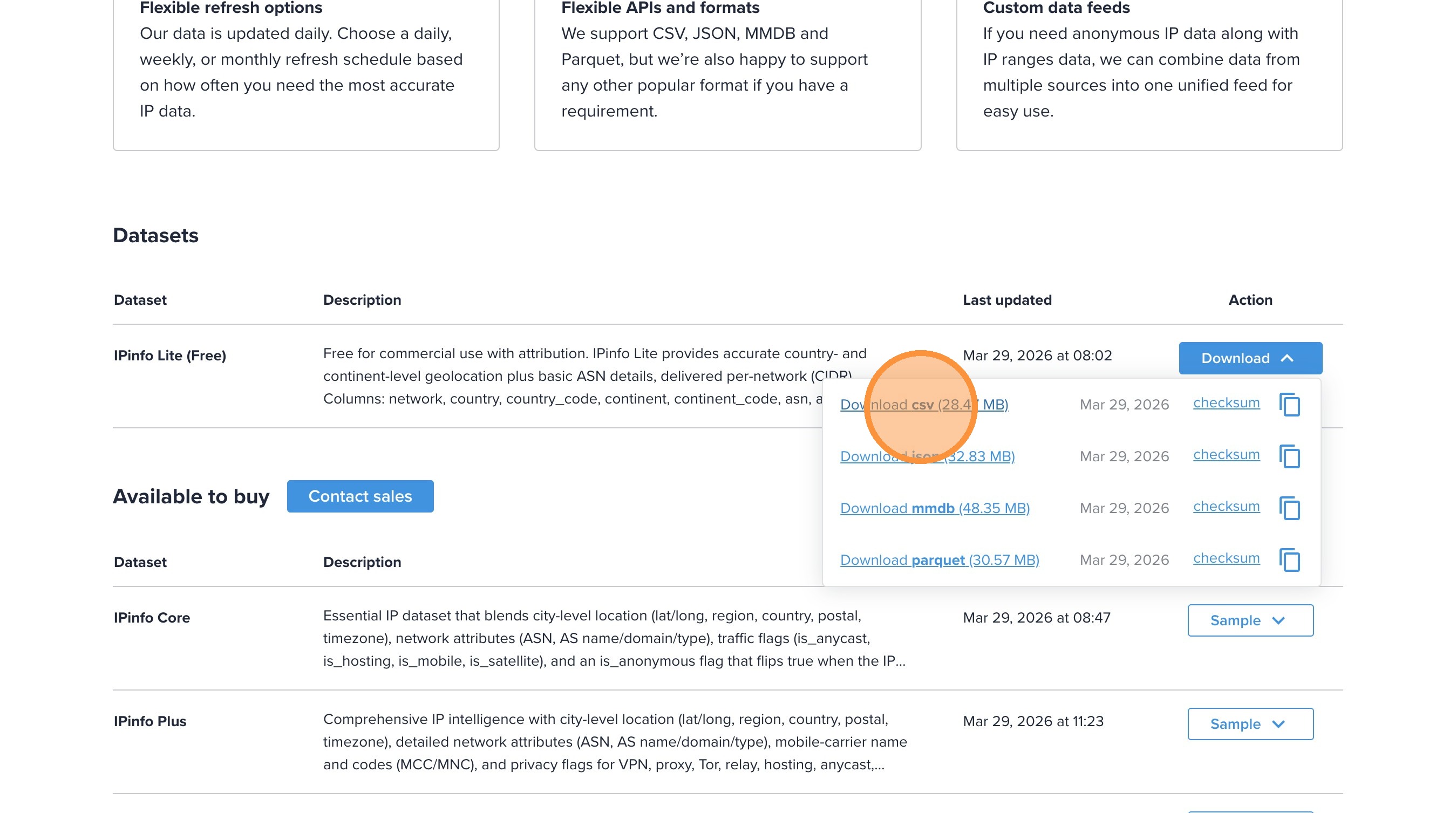Right-click context menu on Download CSV link