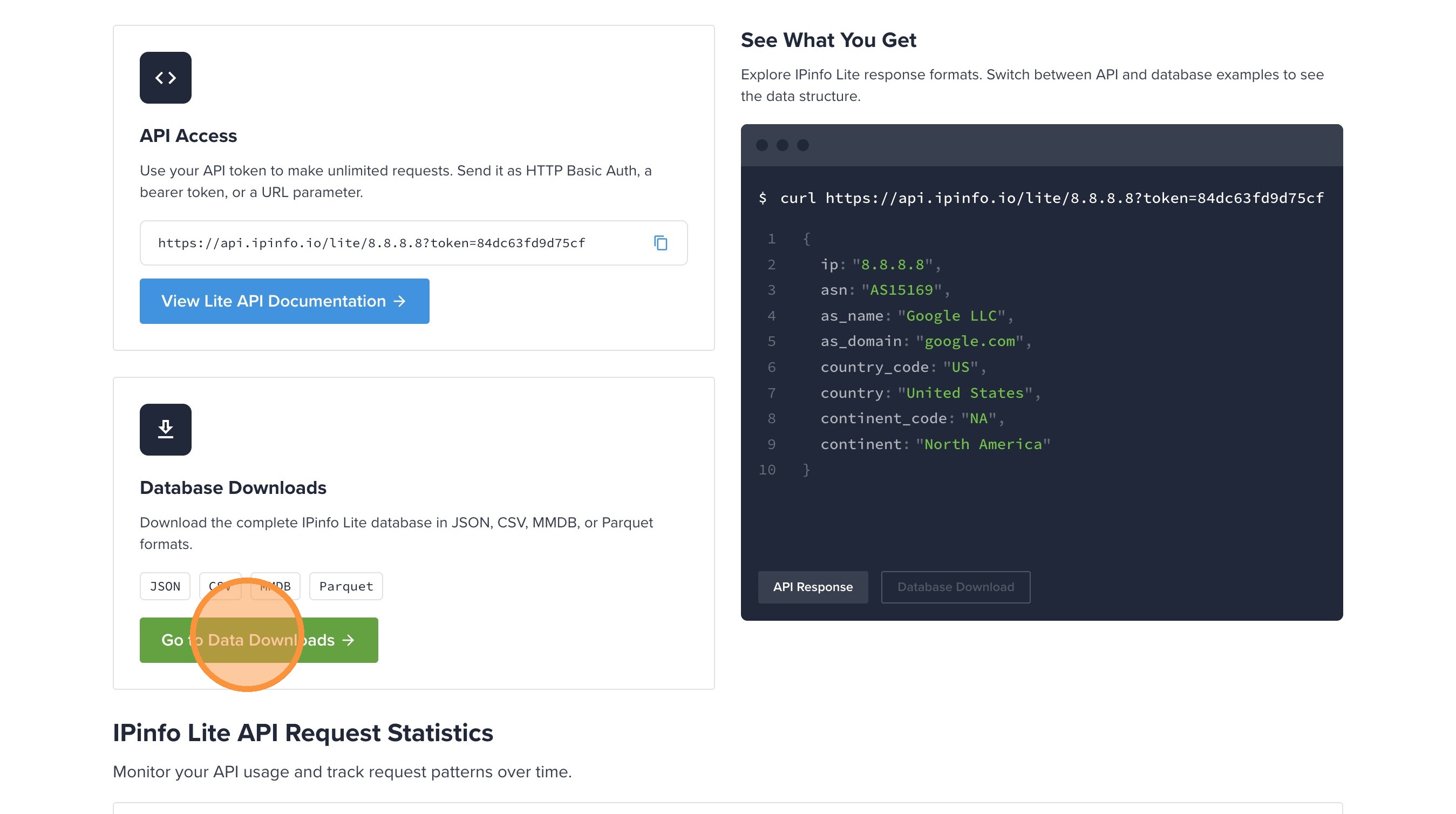 IPinfo dashboard with Go to Data Downloads button