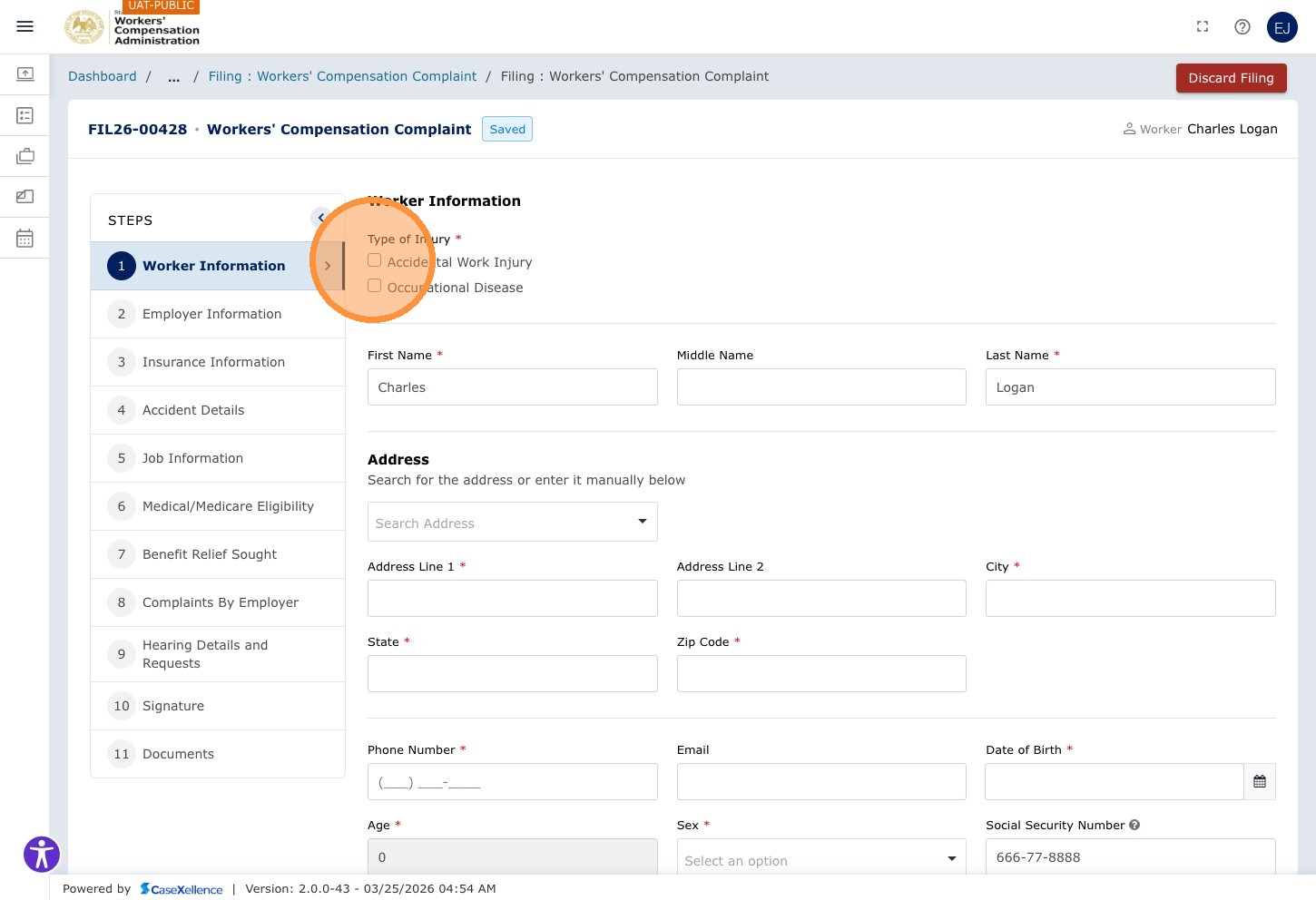 Worker Information — Accidental Work Injury checkbox highlighted