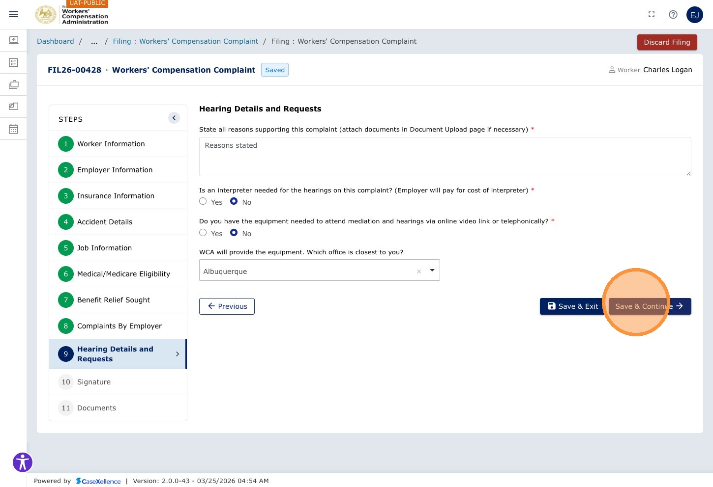Hearing details and requests — Save & Continue button highlighted