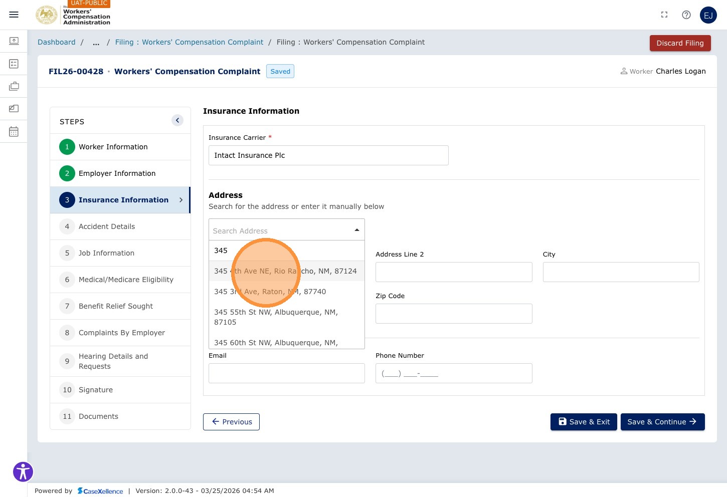 Insurance Carrier address autocomplete — "345 4th Ave NE, Rio Rancho, NM, 87124" highlighted