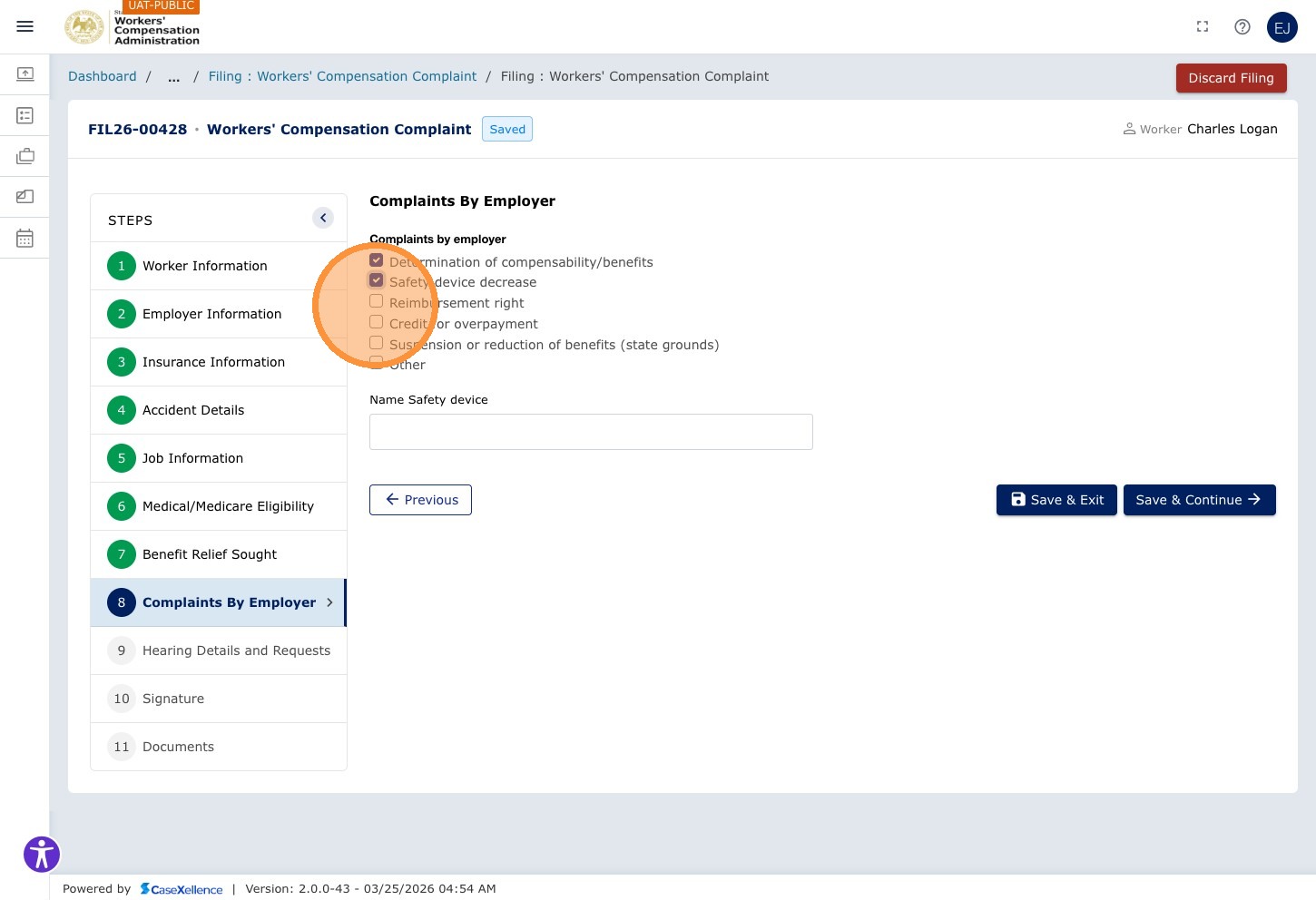Complaints by employer — Reimbursement right checkbox highlighted