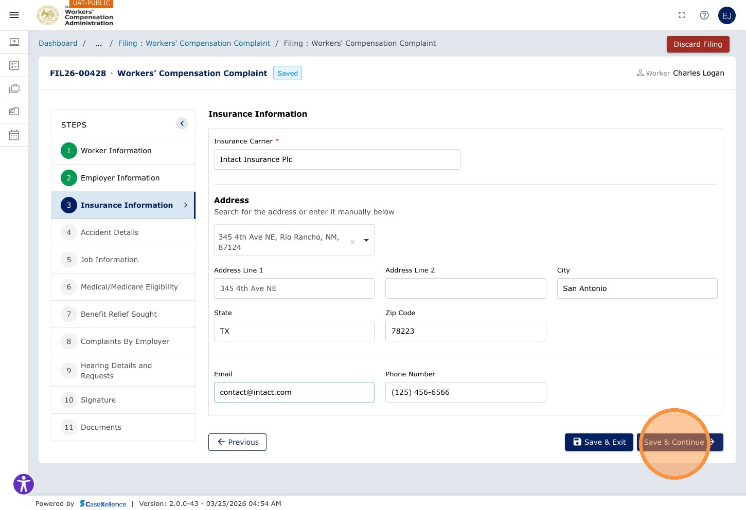 Insurance Carrier — Save & Continue button highlighted