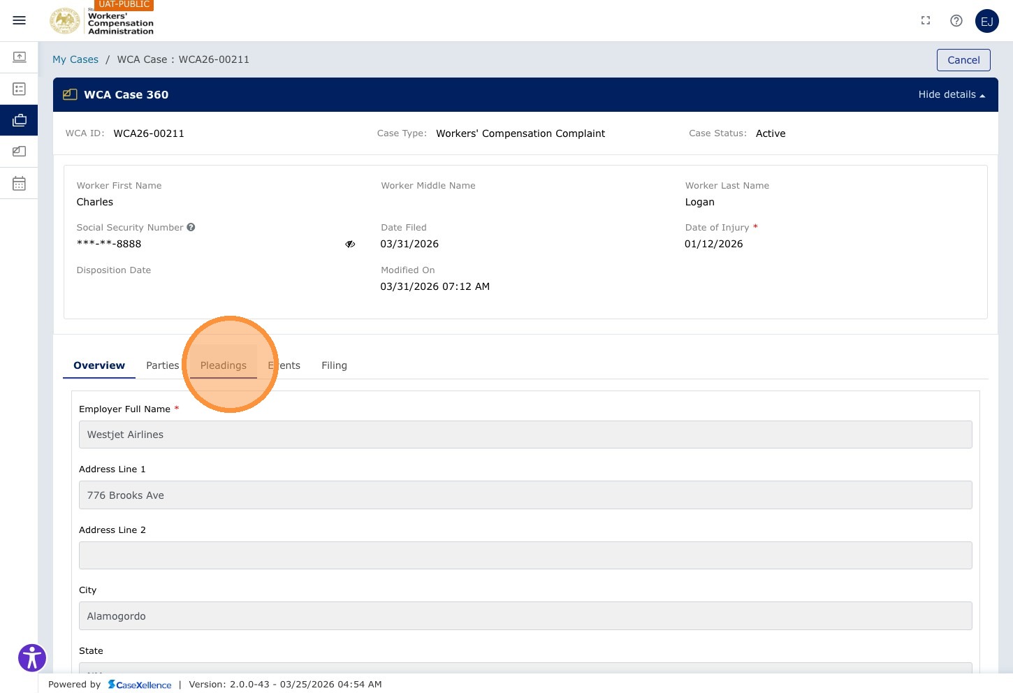 WCA Case 360 for WCA26-00211 — Case header: Charles Logan, SSN *--8888, Date of Injury 01/12/2026, Employer Westjet Airlines, Date Filed 03/31/2026, Case Status Active. Tabs: Overview, Parties, Pleadings (highlighted), Events, Filing.