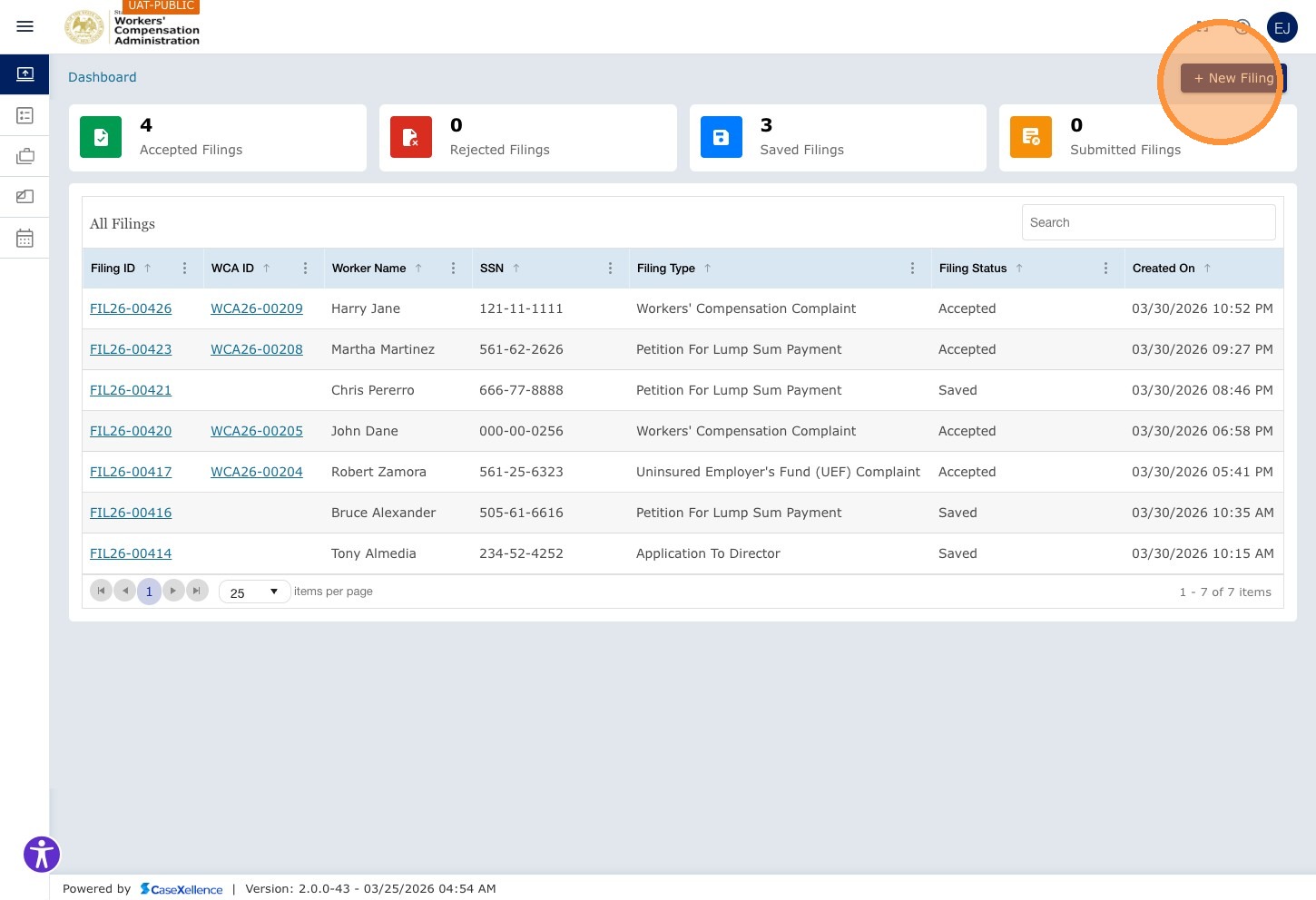 Dashboard — + New Filing button highlighted top right