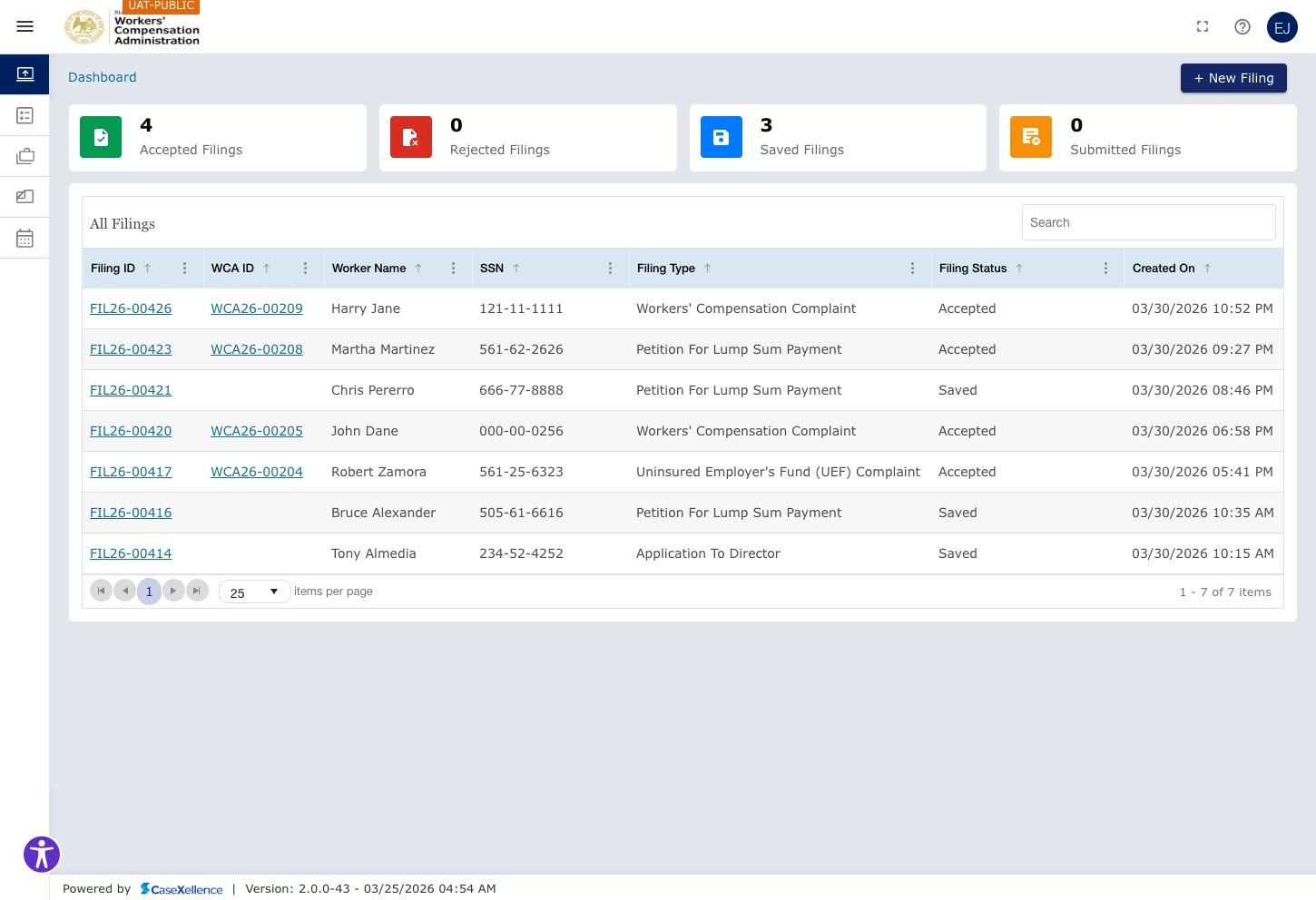 ECF portal Dashboard — filing status tiles across the top, filing grid below showing all filings. + New Filing button visible top right.