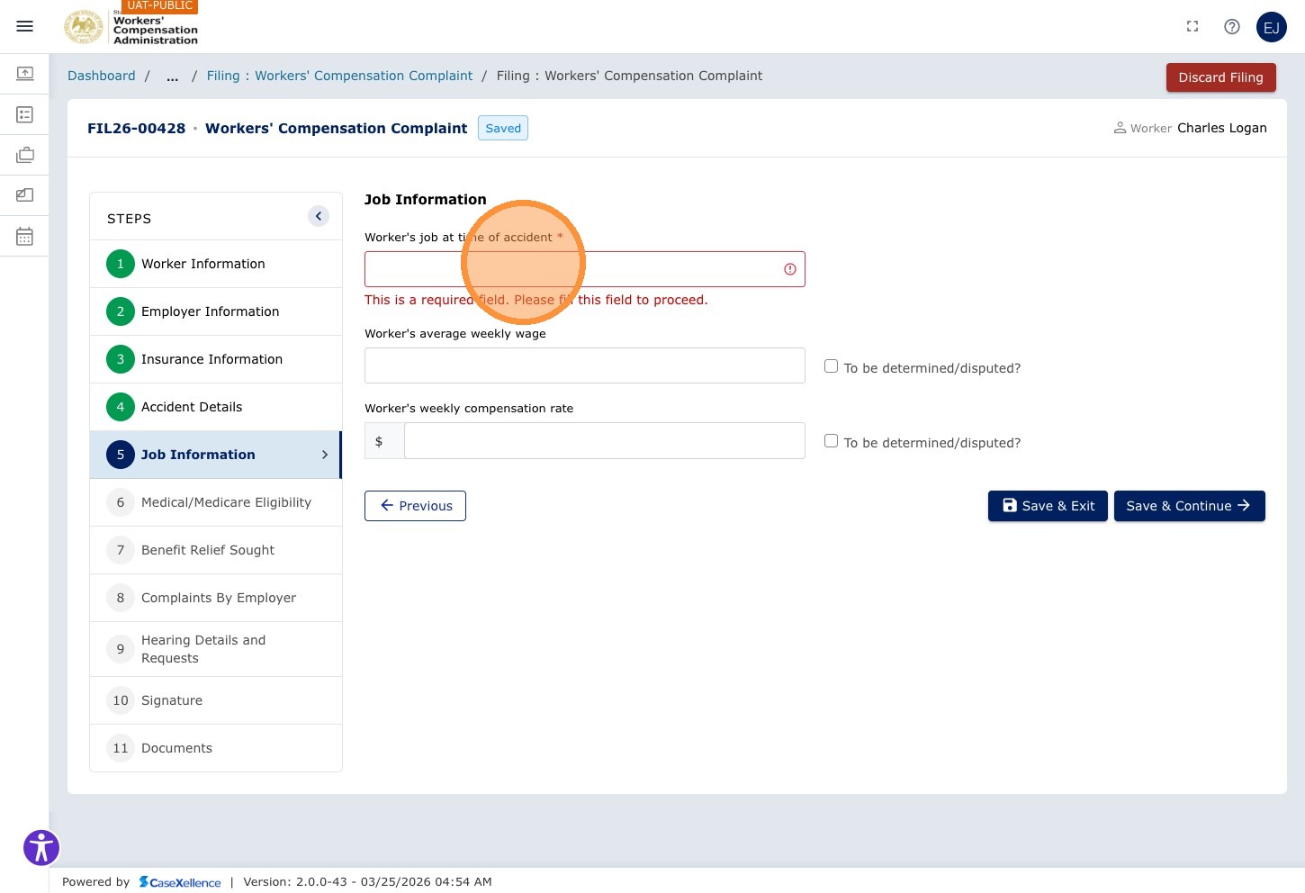 Employment Details chapter — Worker's job at time of accident field highlighted