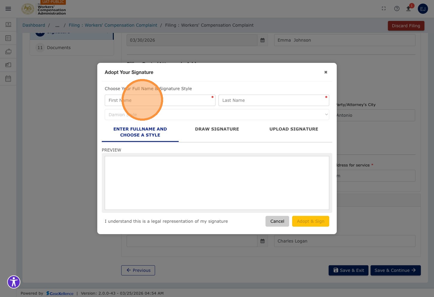Signature — First Name field highlighted for typed name signature