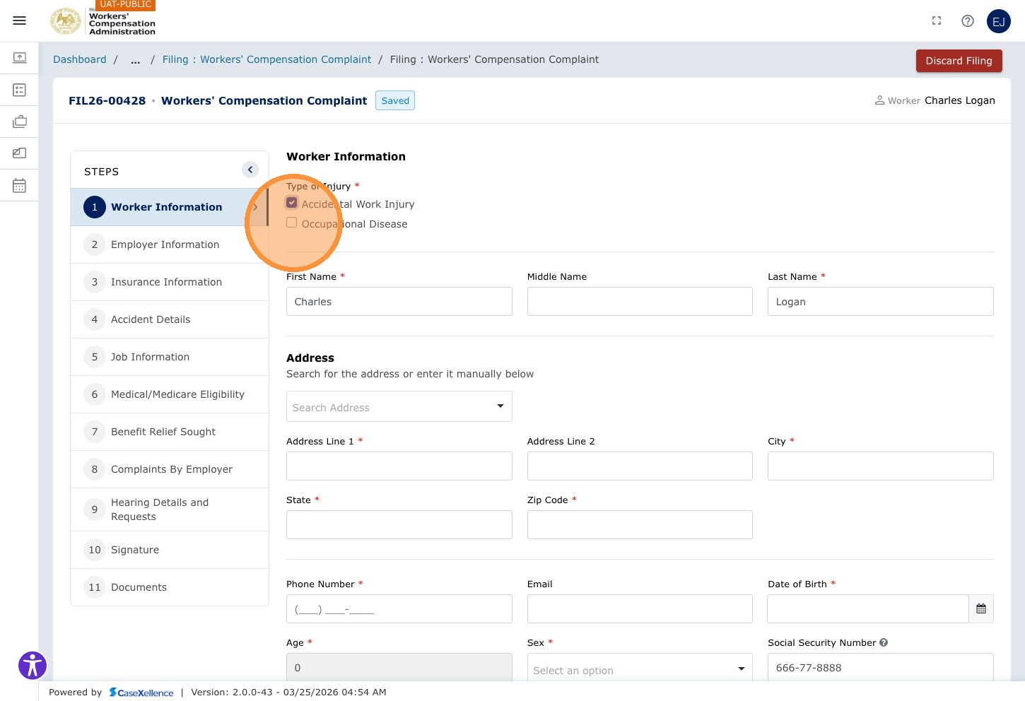 Worker Information — Occupational Disease checkbox highlighted