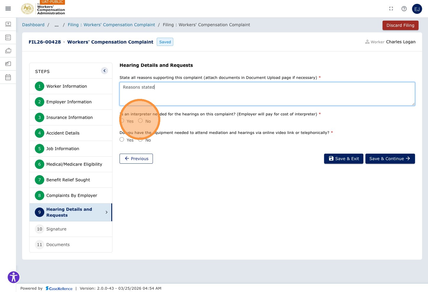 Hearing details and requests — first Yes/No field highlighted (No selected)