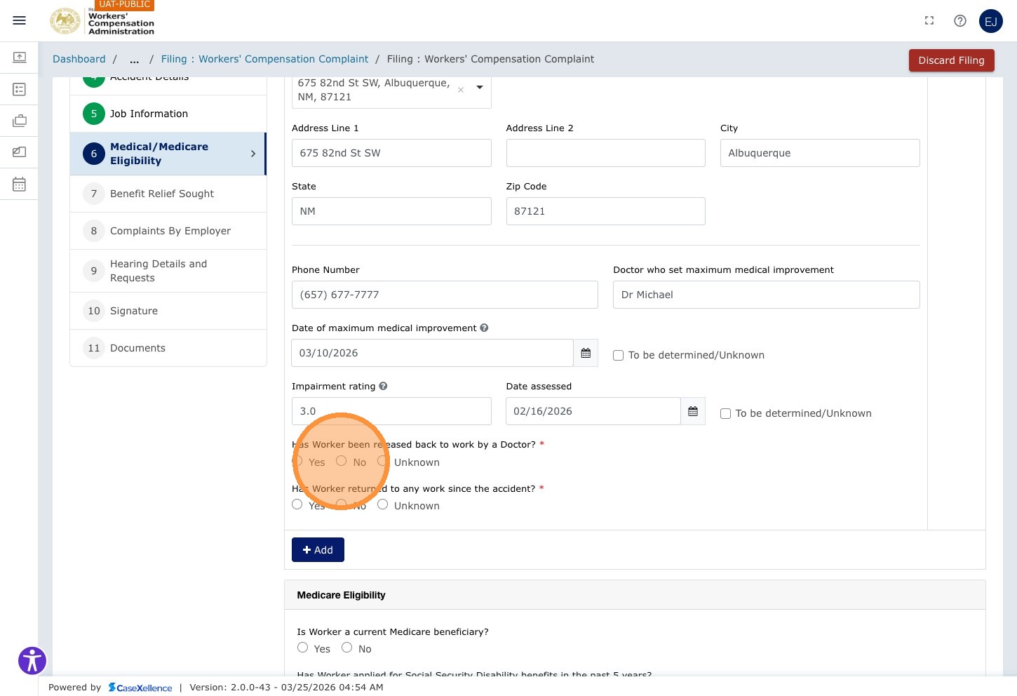 Medical Information — first Yes/No field highlighted (No selected)
