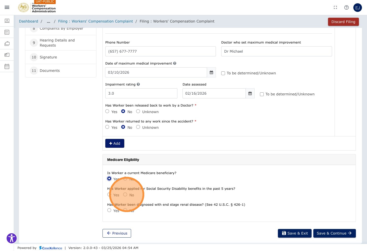 Medical Information — fourth Yes/No field highlighted (No selected)