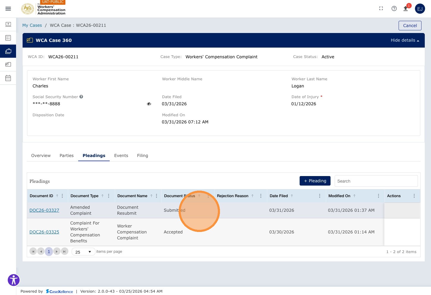 Pleadings grid — the newly submitted pleading now shows Document Status: Submitted. The original accepted pleading (DOC26-03325) is also visible in the grid above it.