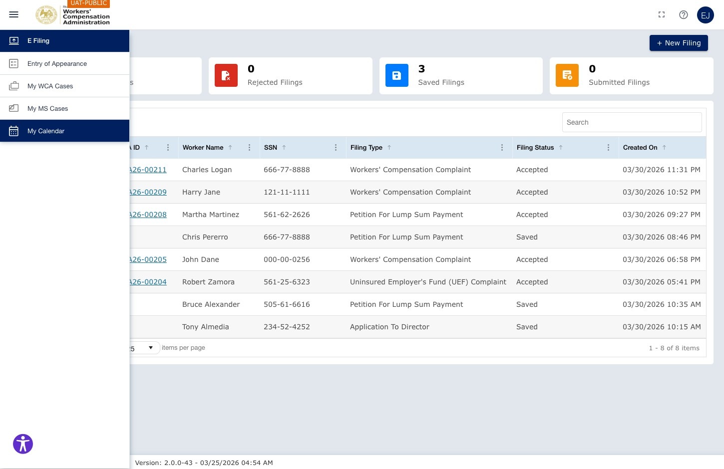 ECF Portal Dashboard — filing tiles and grid visible. Left navigation showing E Filing, Entry of Appearance, My WCA Cases, My MS Cases, My Calendar.