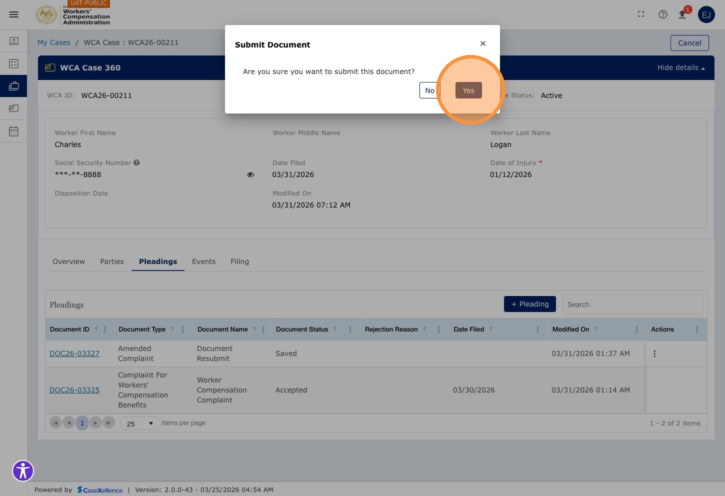 Submit confirmation dialog — "Are you sure you want to submit this document?" with Yes and No buttons. Yes button highlighted.