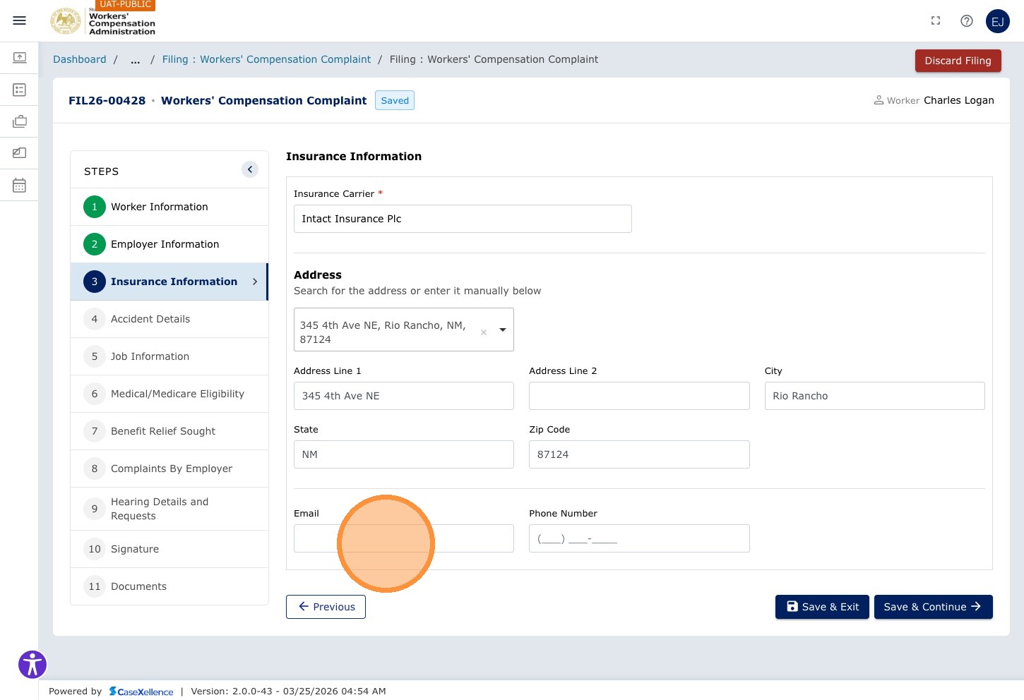Insurance Carrier — Email field highlighted