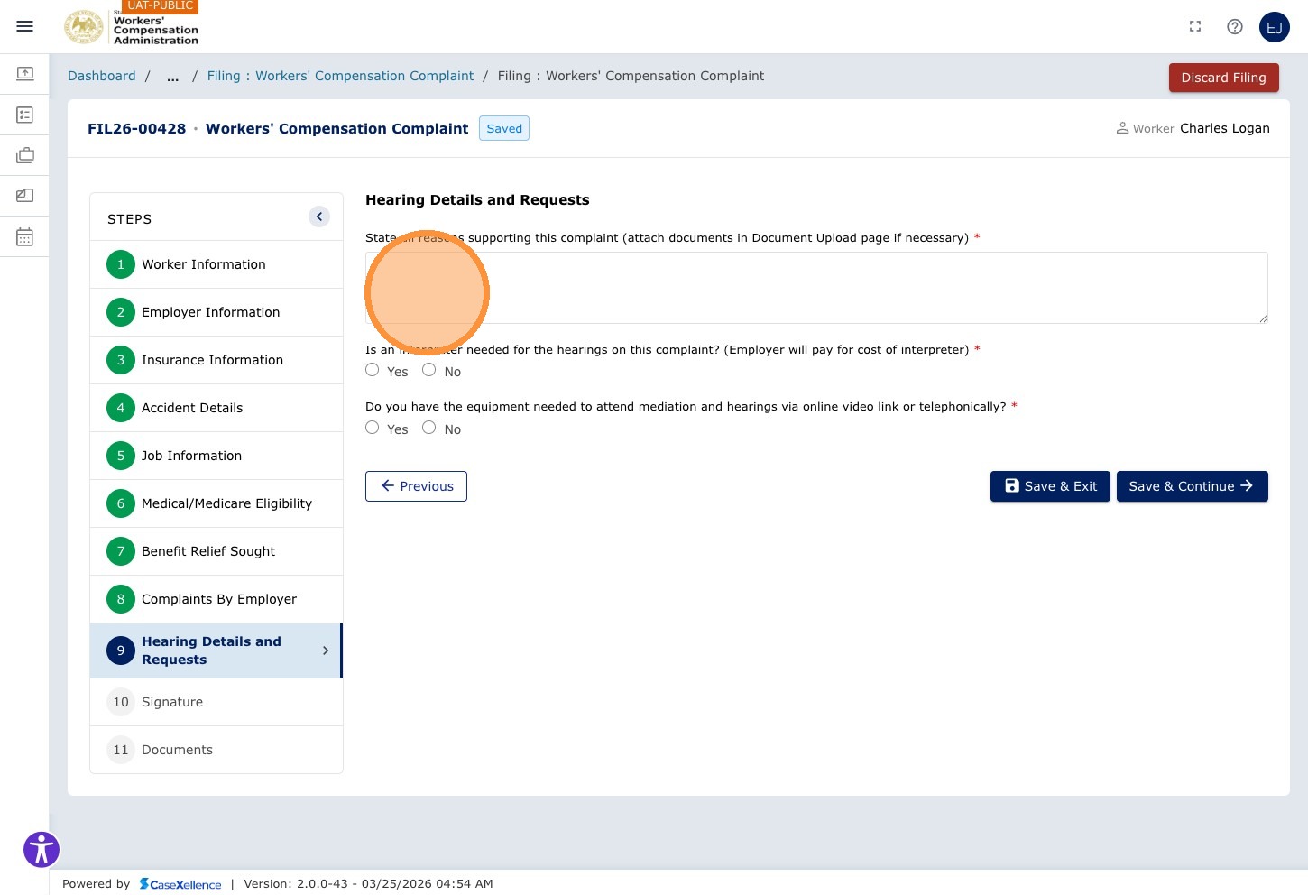 Hearing details and requests — reasons text field highlighted