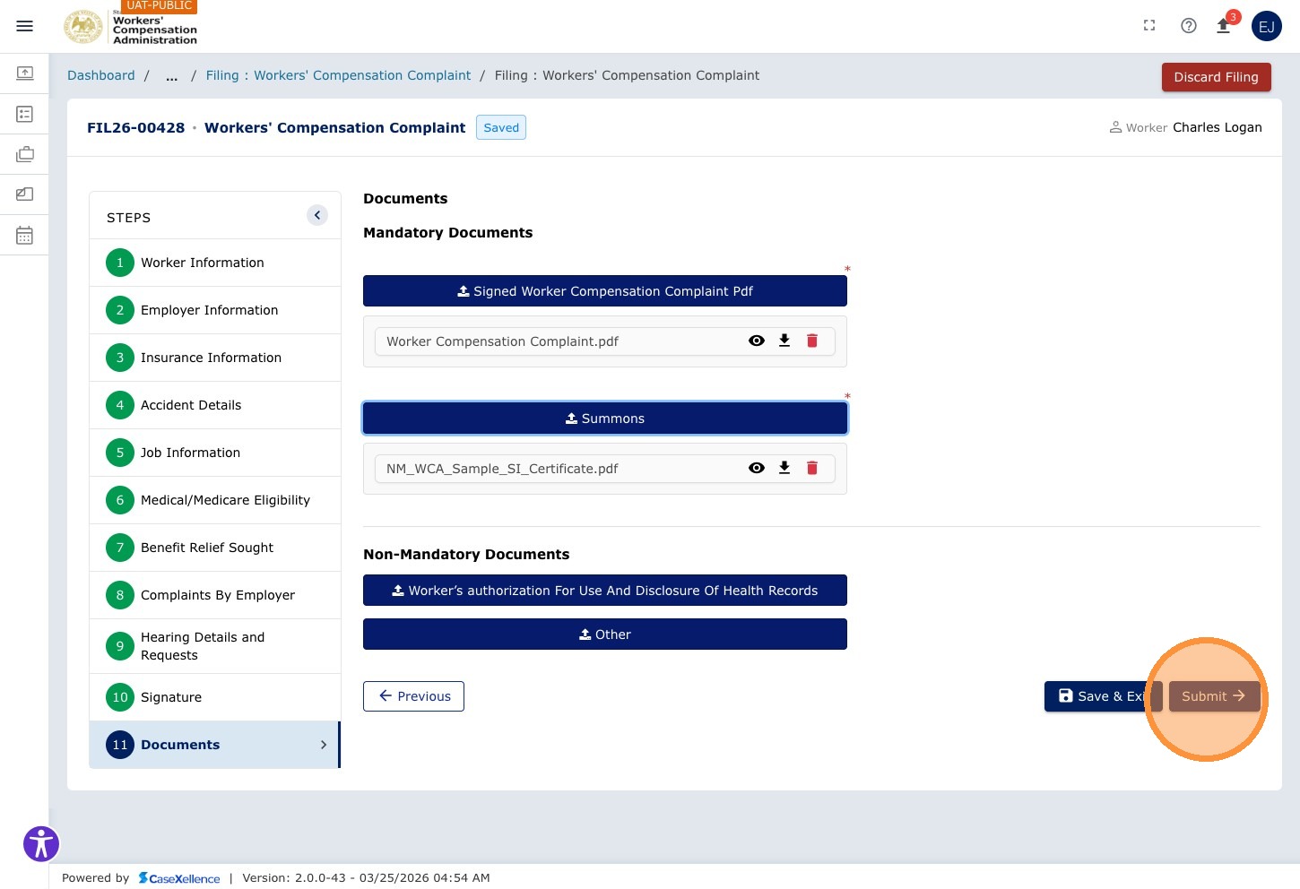 Documents chapter — Submit → button highlighted