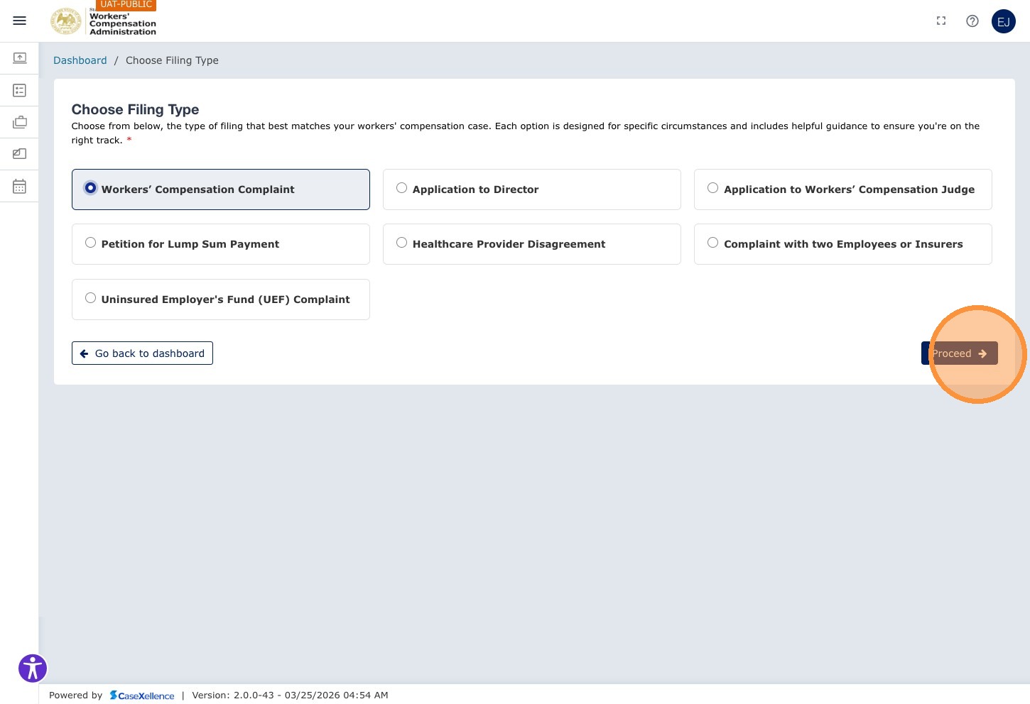 Filing type selected — Proceed button highlighted