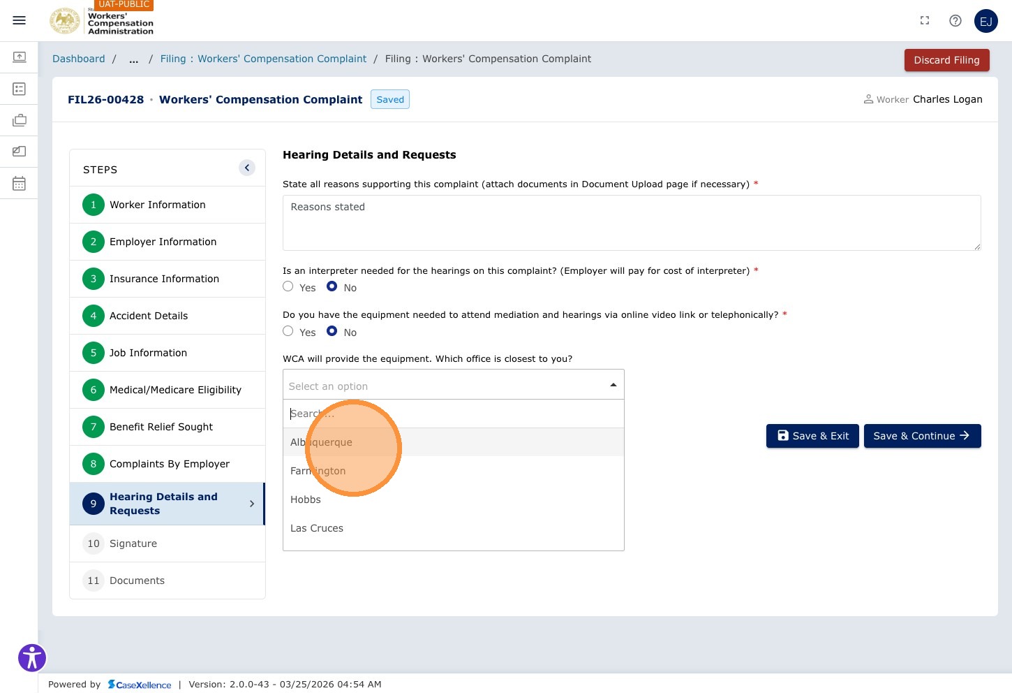 WCA office dropdown — Albuquerque option highlighted