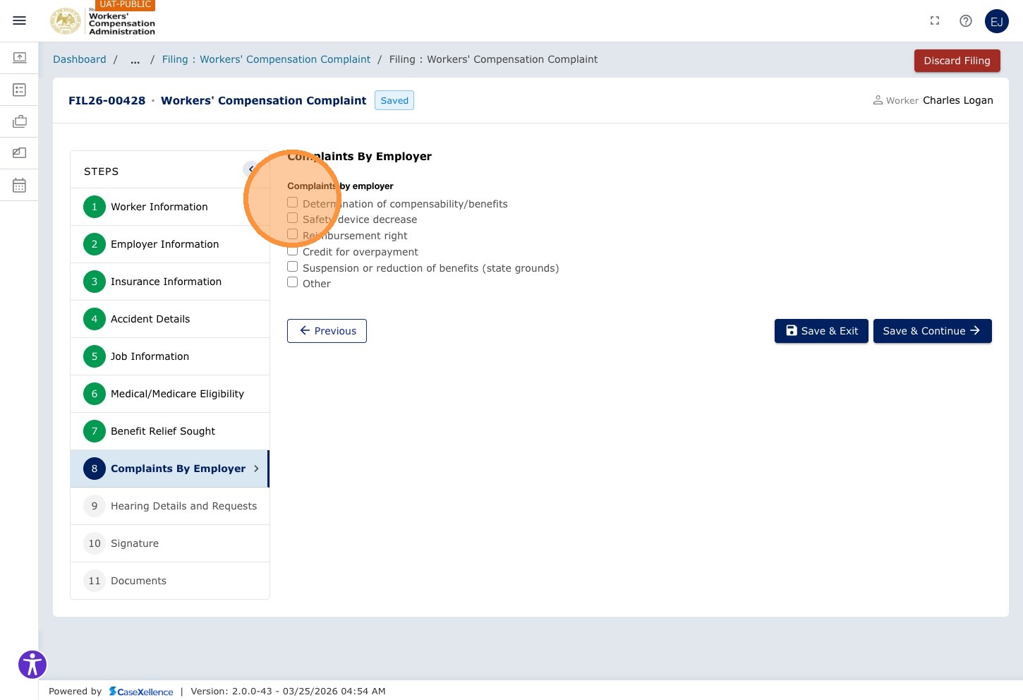 Complaints by employer — Determination of compensability/benefits checkbox highlighted