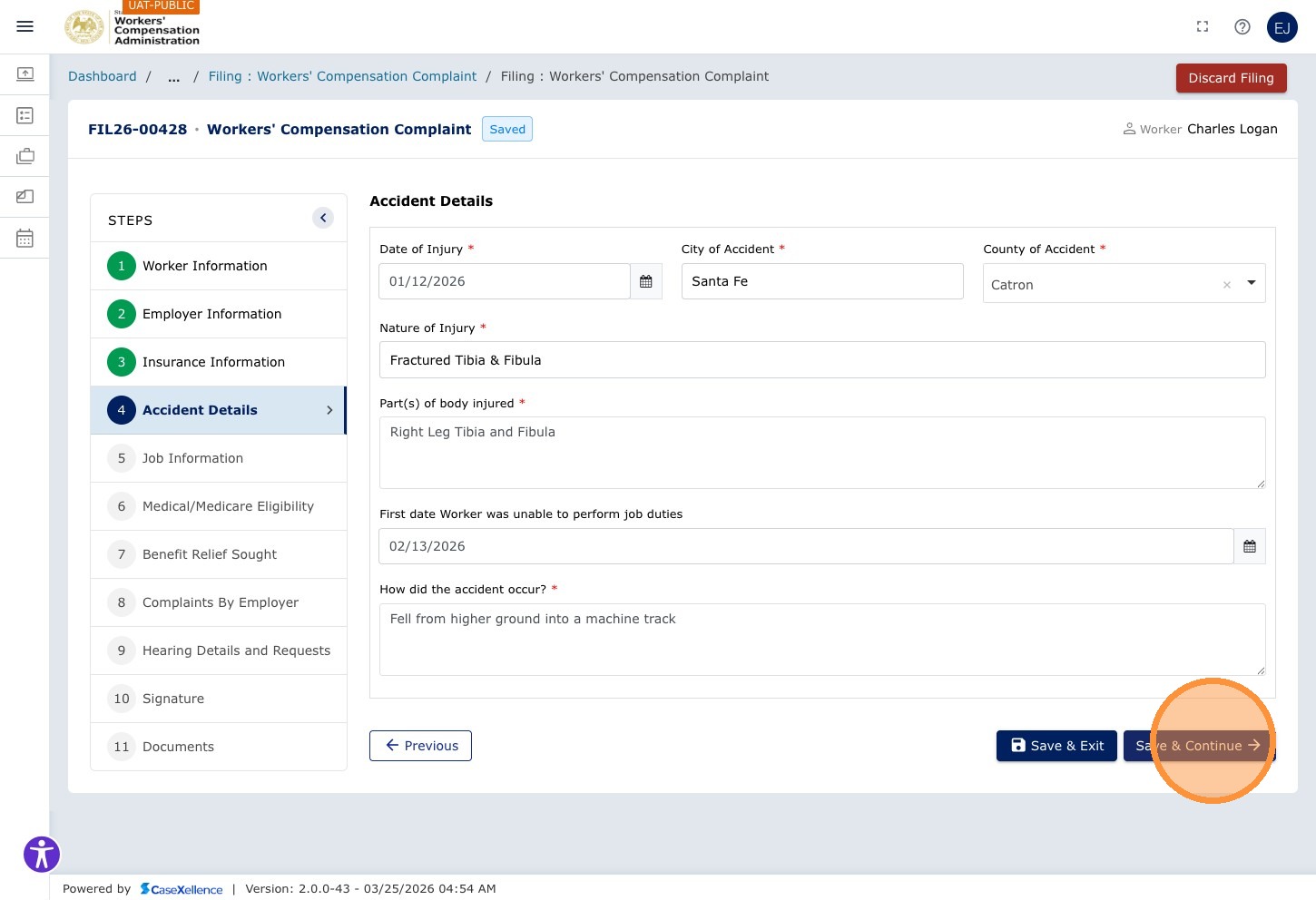 Accident Details — Save & Continue button highlighted