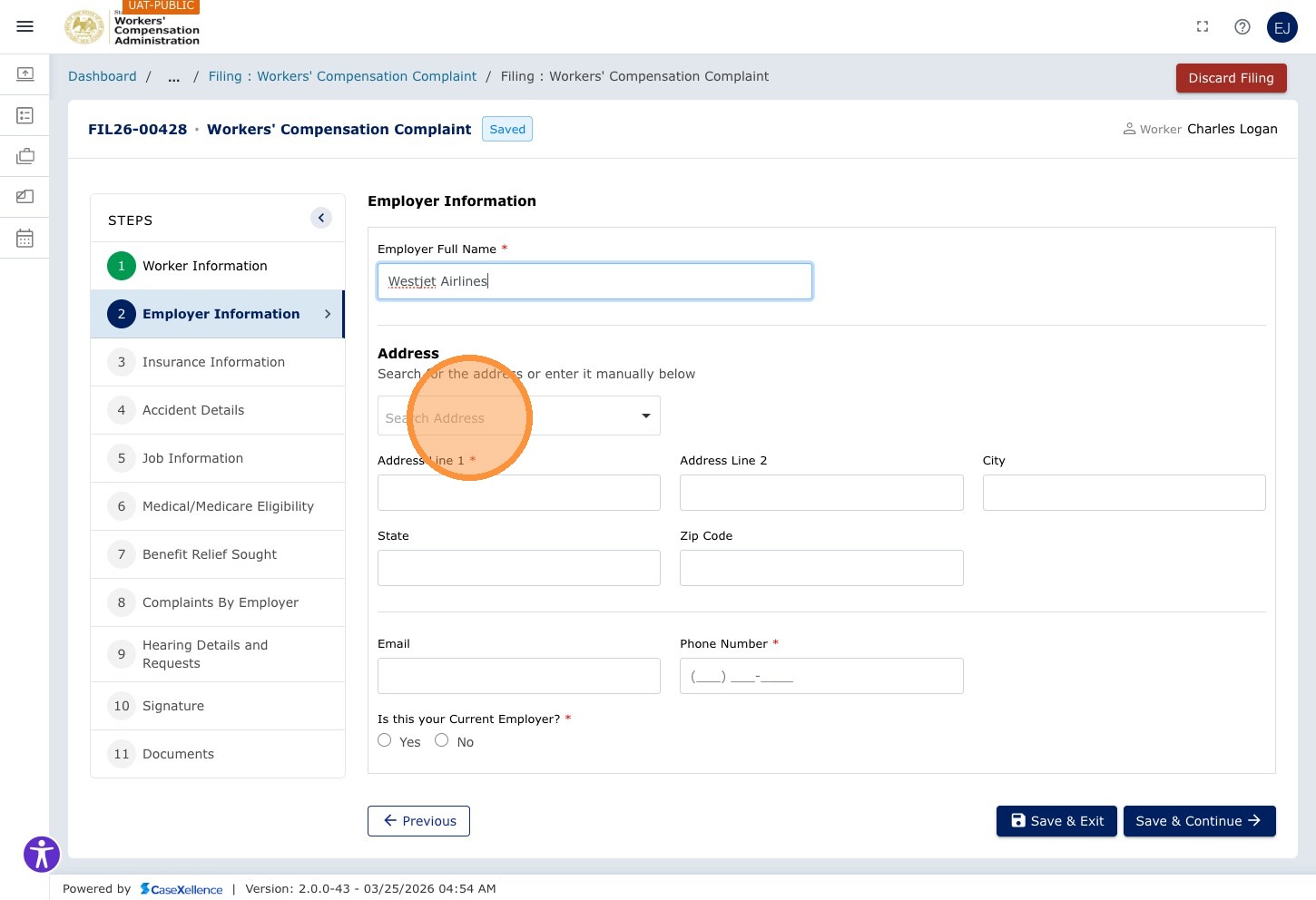 Employer Information — Search Address field highlighted