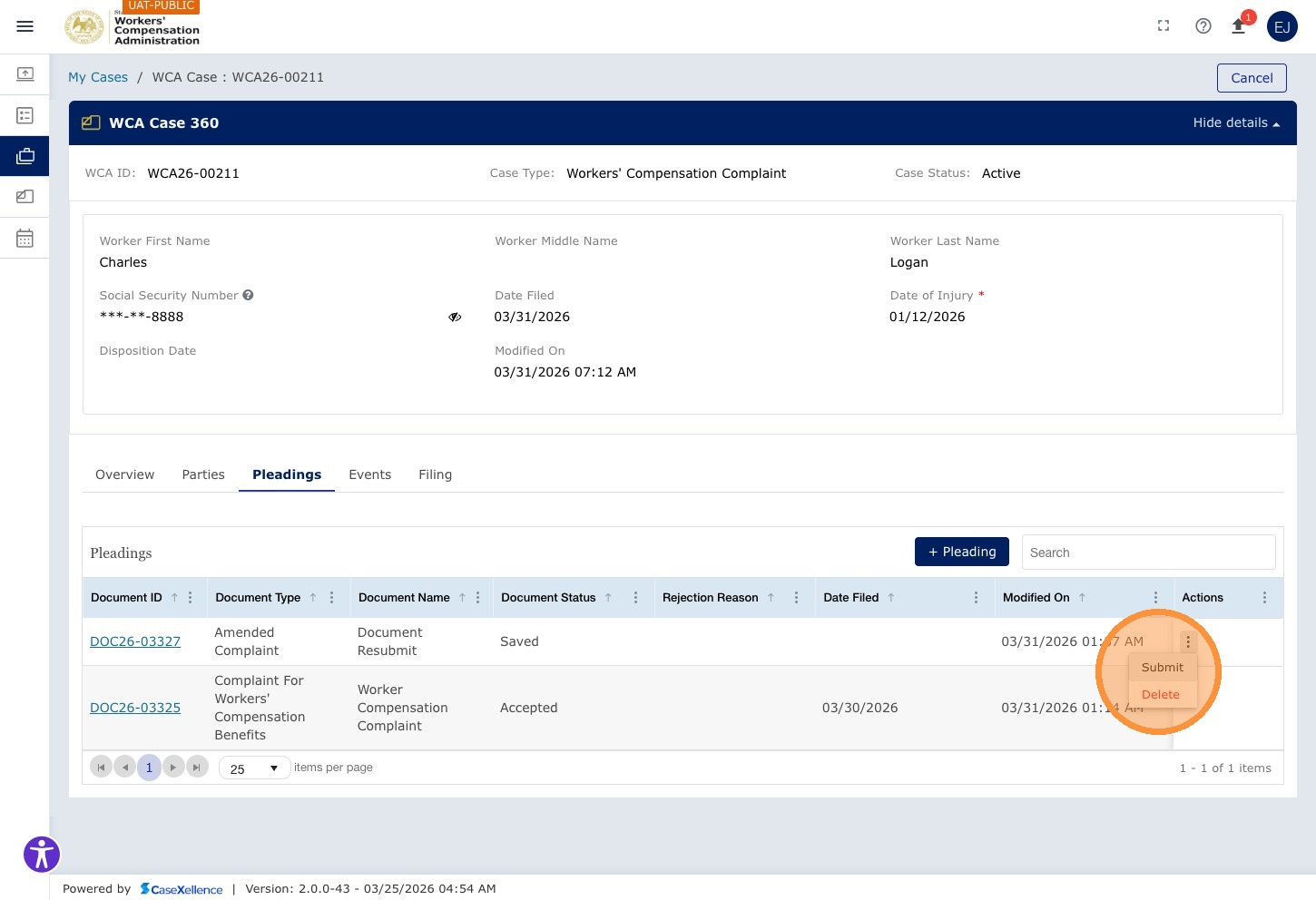 Actions dropdown menu — Submit option highlighted