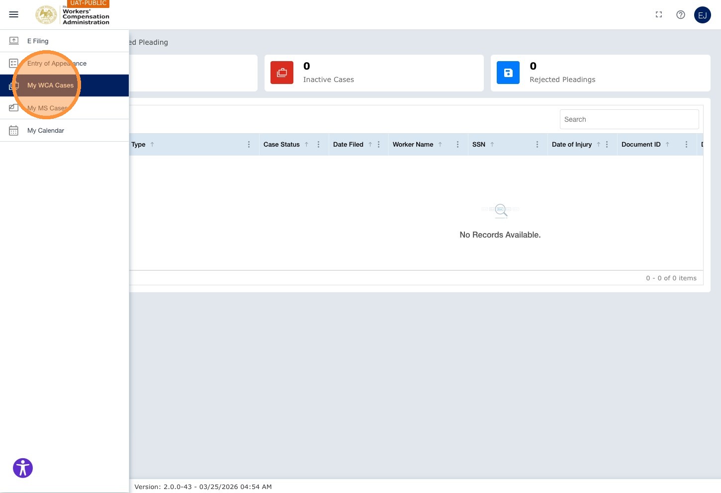 Rejected Pleading view — My WCA Cases highlighted in left nav. Page header "Rejected Pleading". Tiles showing 0 Inactive Cases, 0 Rejected Pleadings. Grid empty — No Records Available.