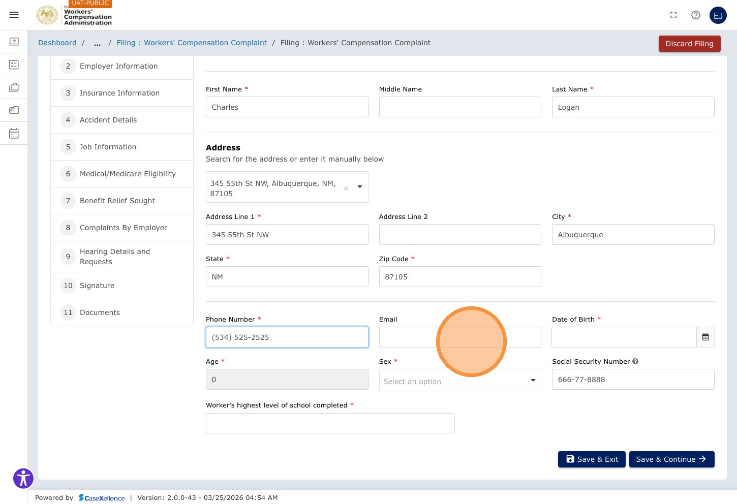 Worker Information — Email field highlighted