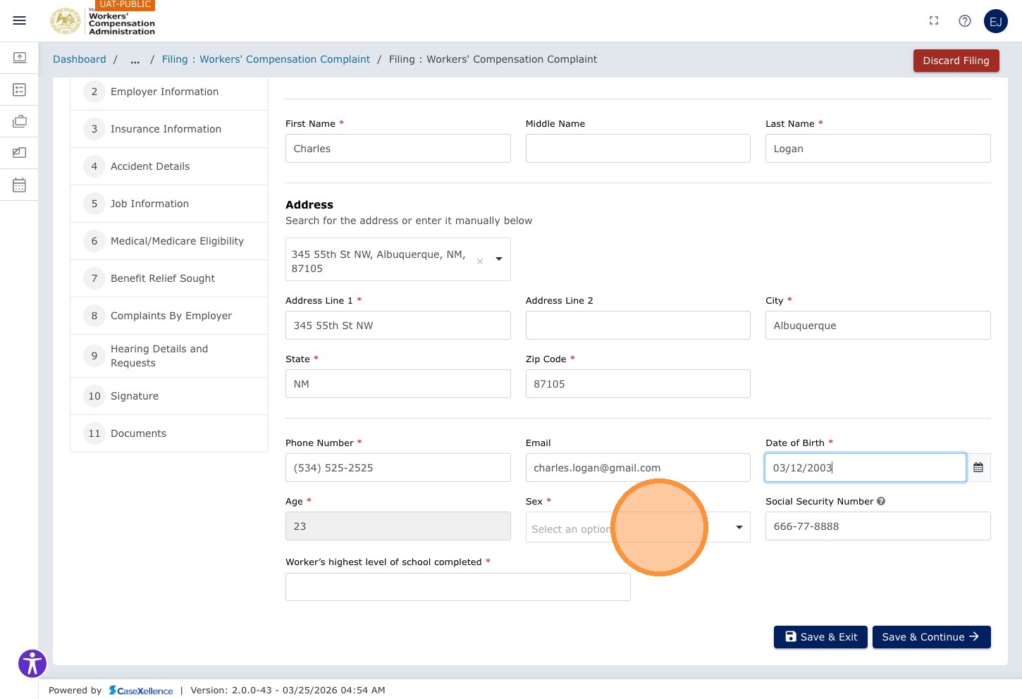 Worker Information — Gender dropdown showing Select an option
