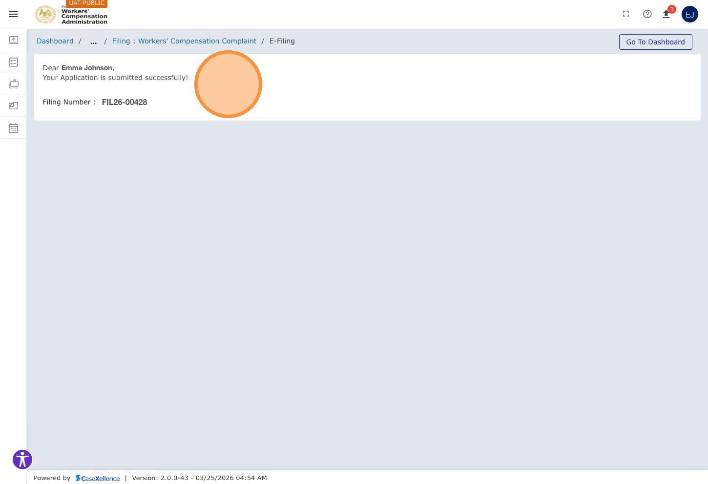 Filing confirmation screen — Filing ID displayed, confirmation message shown