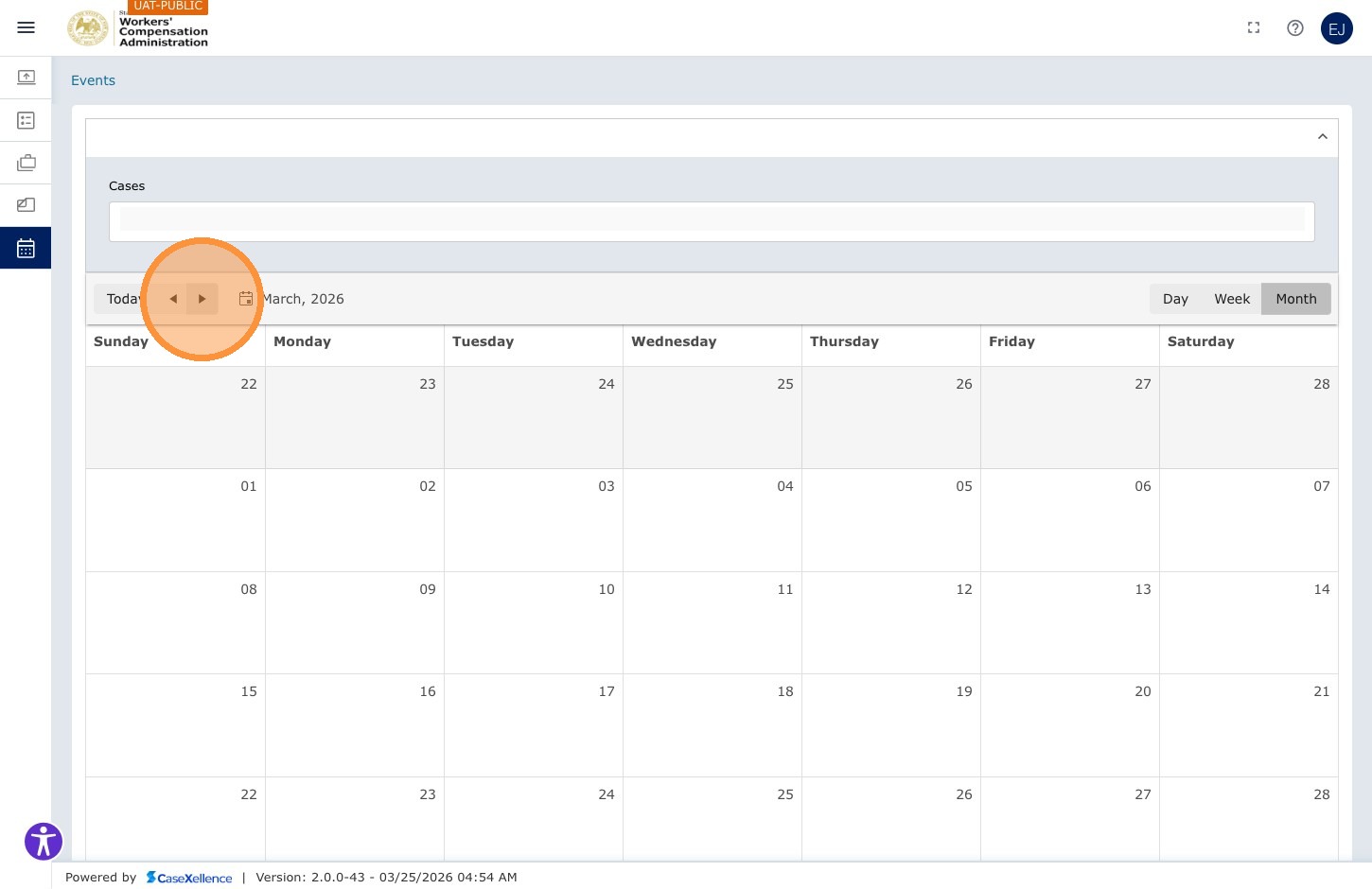 My Calendar — monthly calendar view showing scheduled events across active cases. Navigation controls: Today button, back/forward arrows, date range display, Day/Week/Month view toggle. Event blocks visible with case IDs and event types.