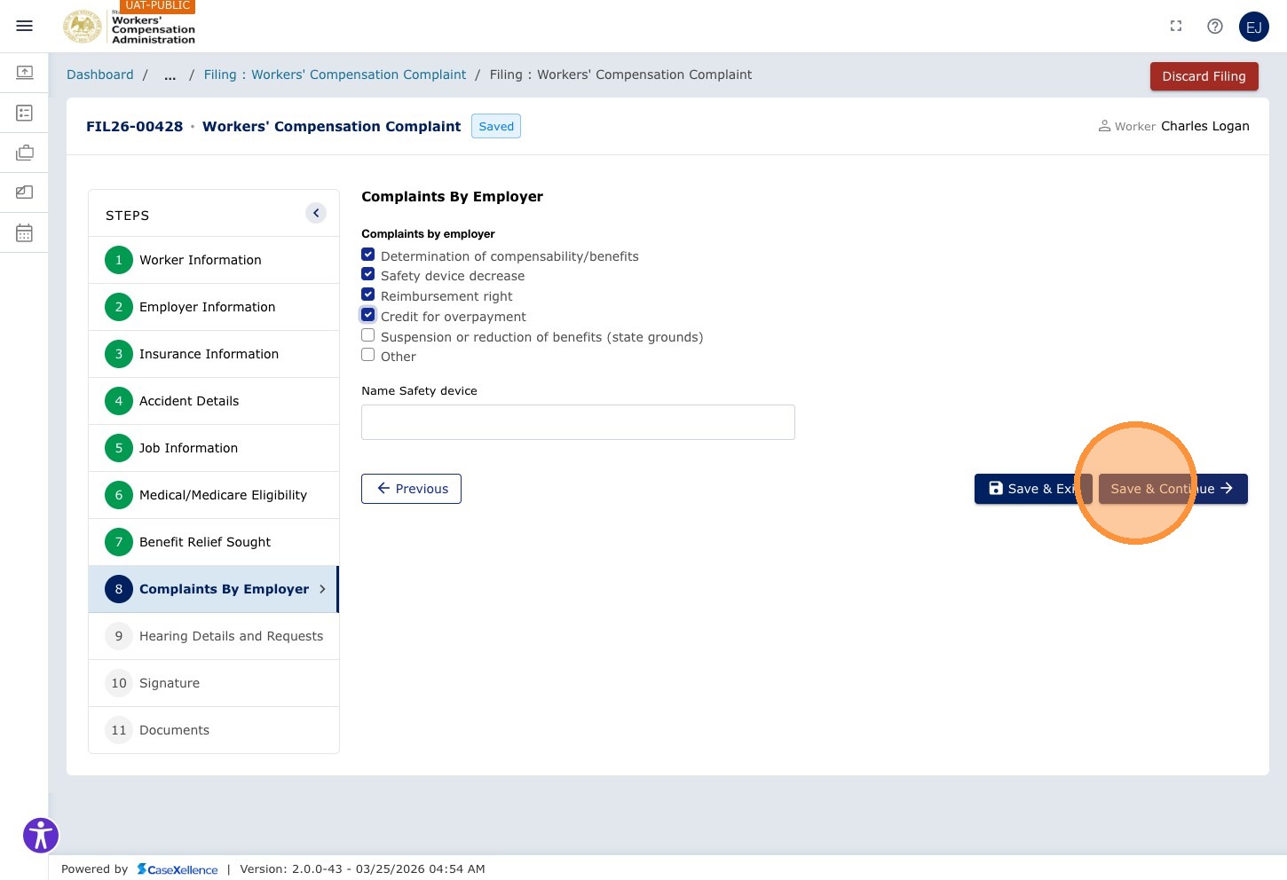 Complaints by employer — Save & Continue button highlighted