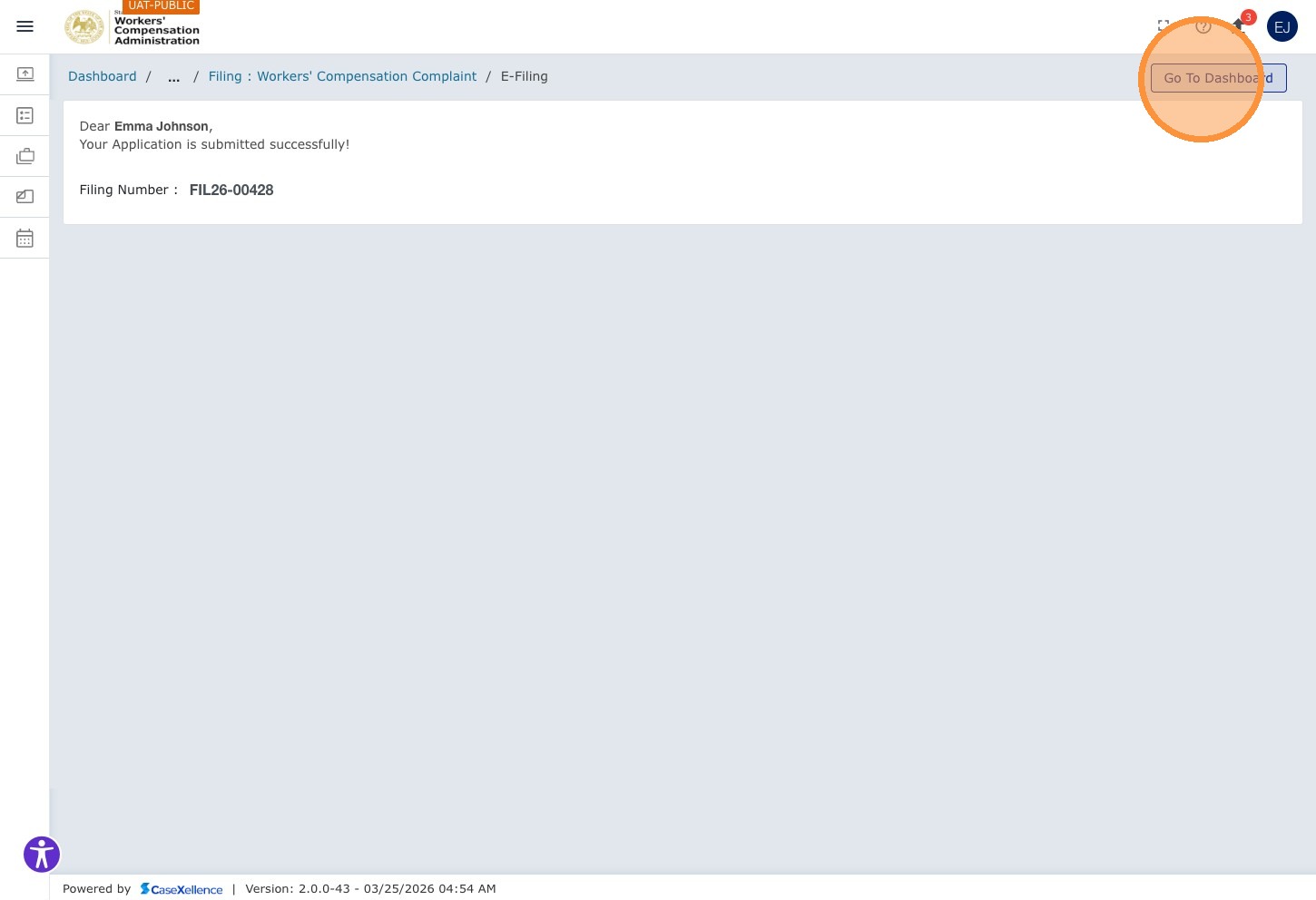 Filing confirmation — Go to Dashboard button highlighted