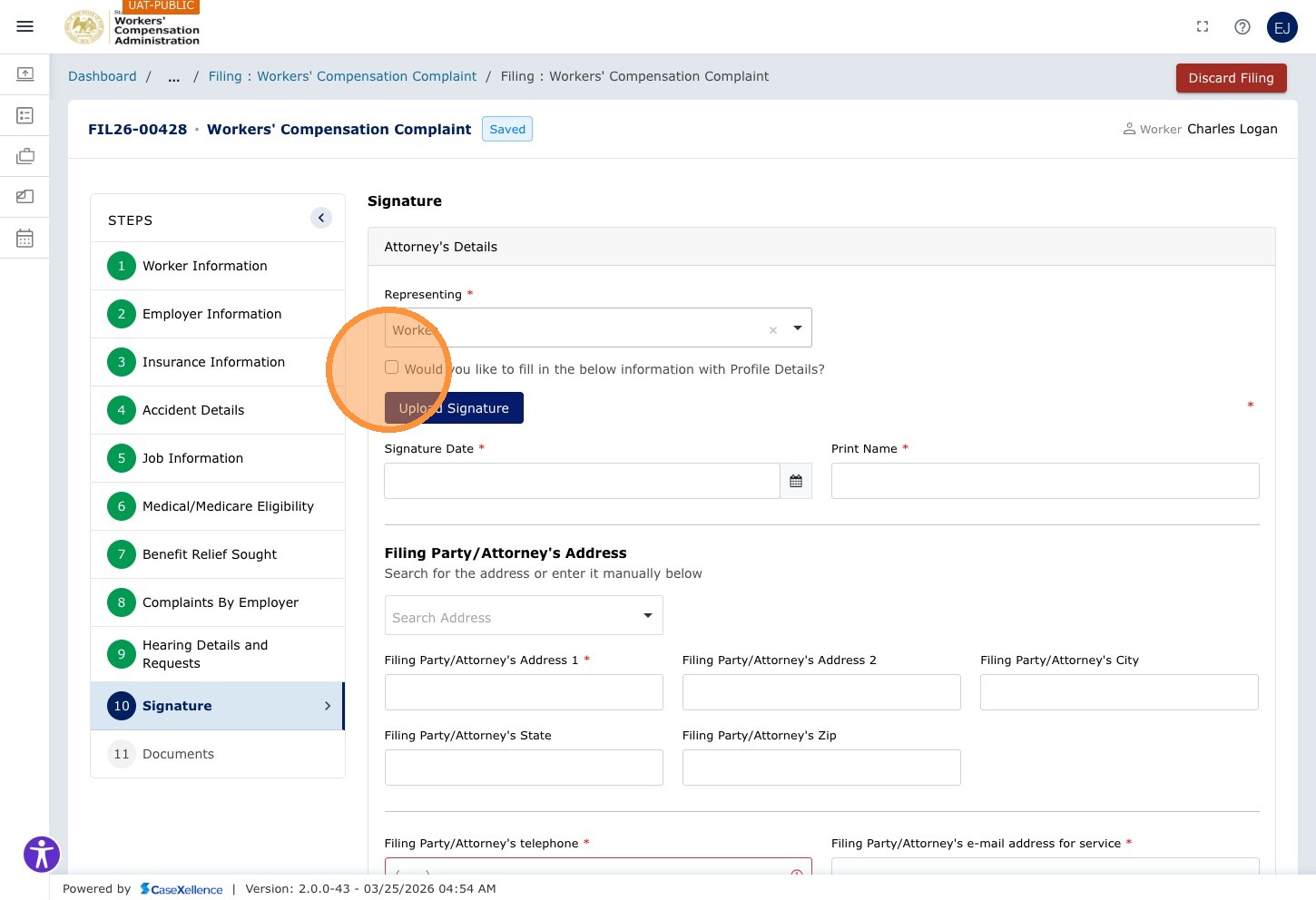 Signature chapter — "Would you like to fill in the below information with Profile Details?" checkbox highlighted