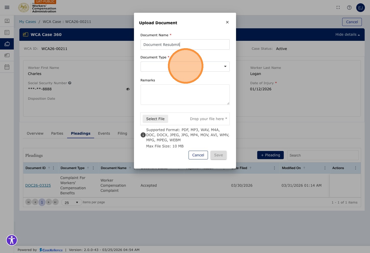 Upload Document modal — Document Name filled with "Document Resubmit". Document Type* dropdown highlighted.