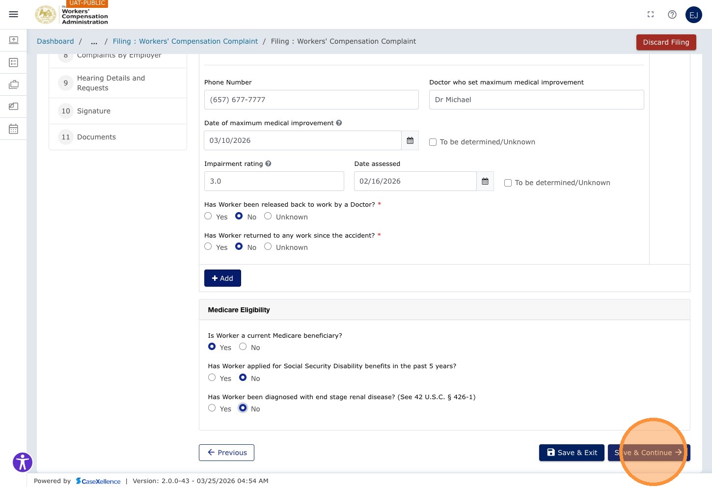 Medical Information — Save & Continue button highlighted
