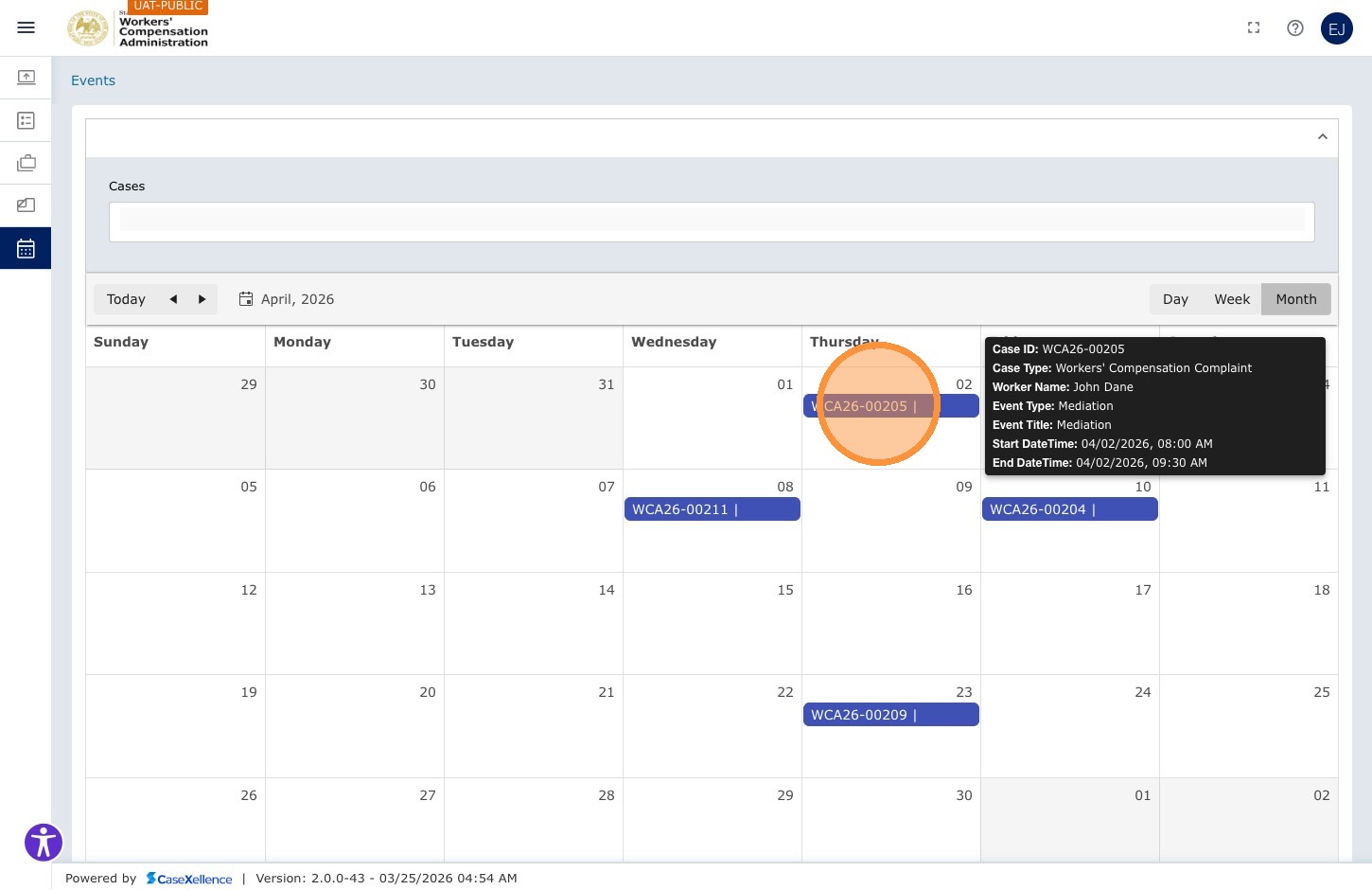 My Calendar — event block WCA26-00205 | Mediation | John Dane highlighted on the calendar. Clicking it navigates directly to the WCA Case 360 for that case.
