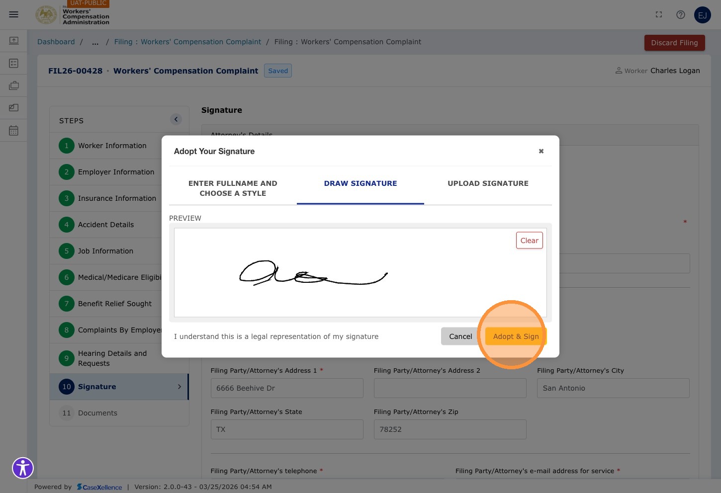 Signature — Adopt & Sign button highlighted