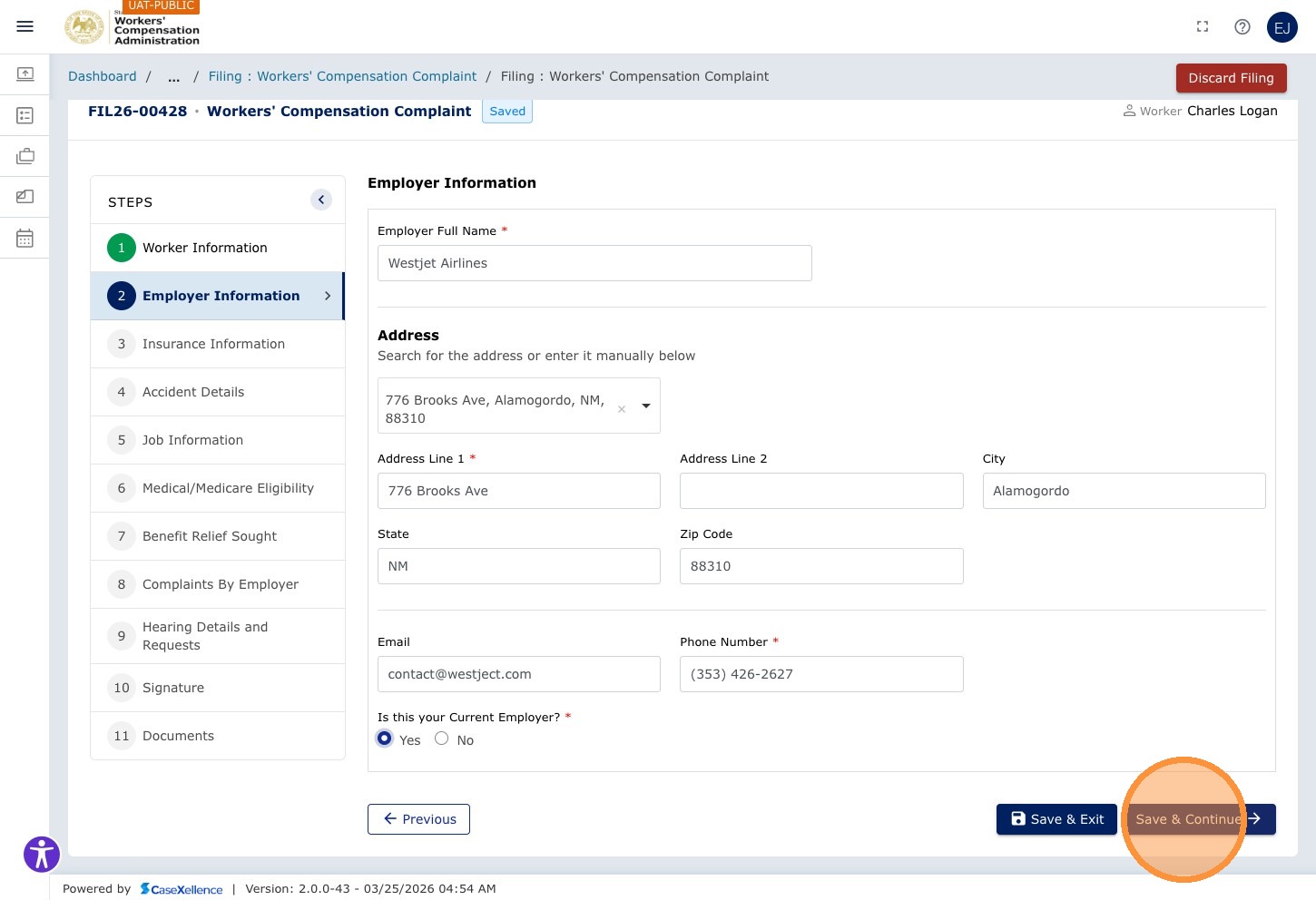 Employer Information — Save & Continue button highlighted