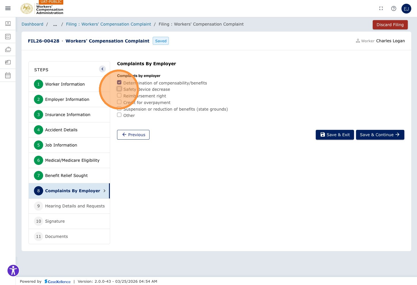 Complaints by employer — Safety device decrease checkbox highlighted