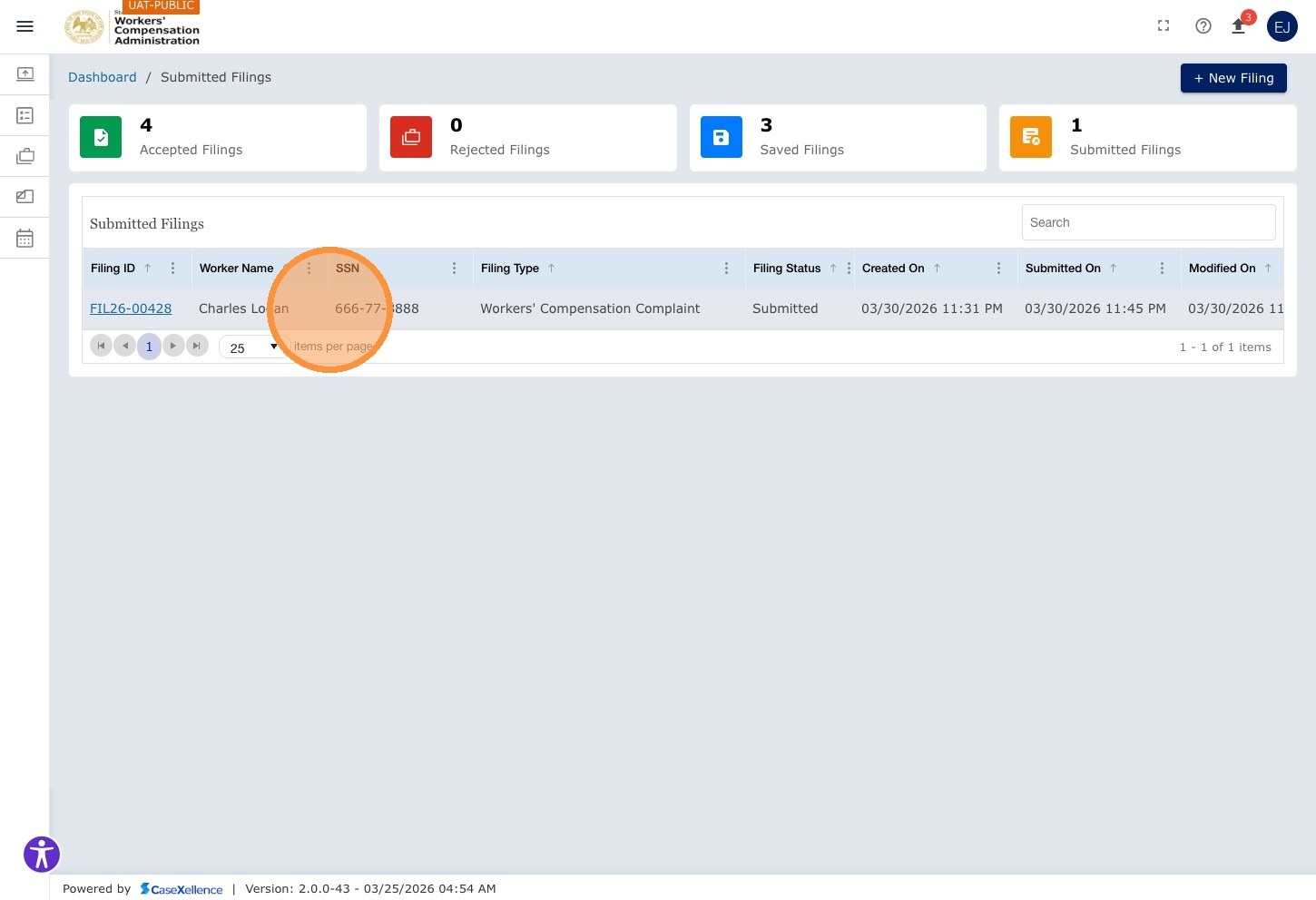 Submitted Filings grid — filing record with SSN 666-77-8888 highlighted as a clickable hyperlink