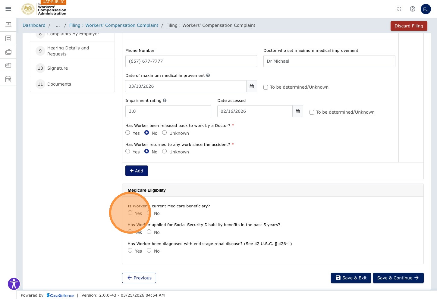 Medical Information — third Yes/No field highlighted (Yes selected)