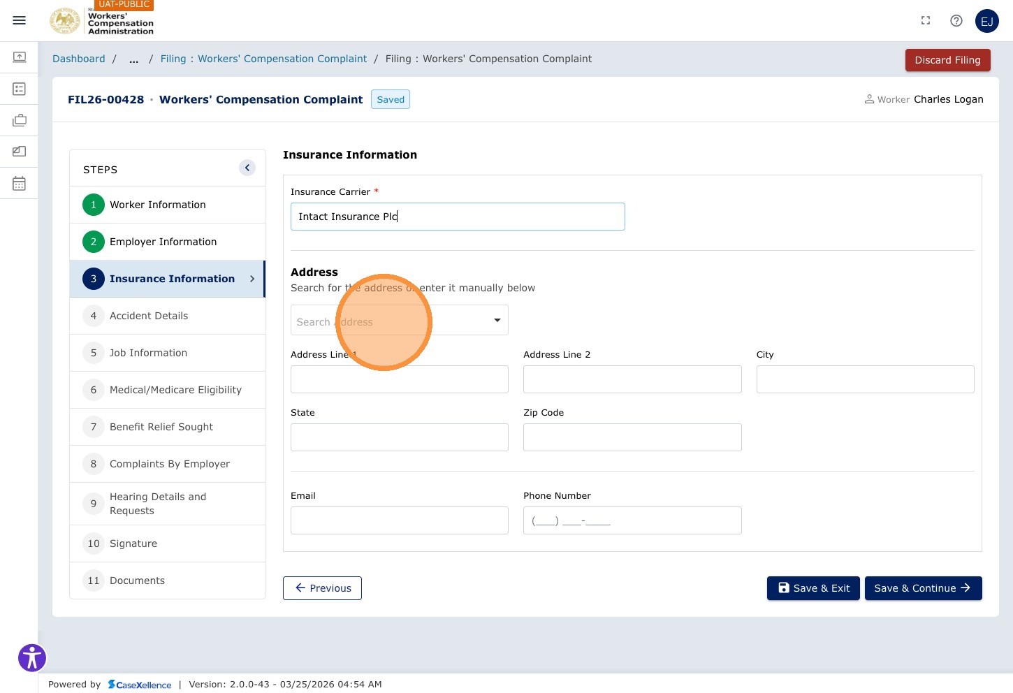 Insurance Carrier — Search Address field highlighted