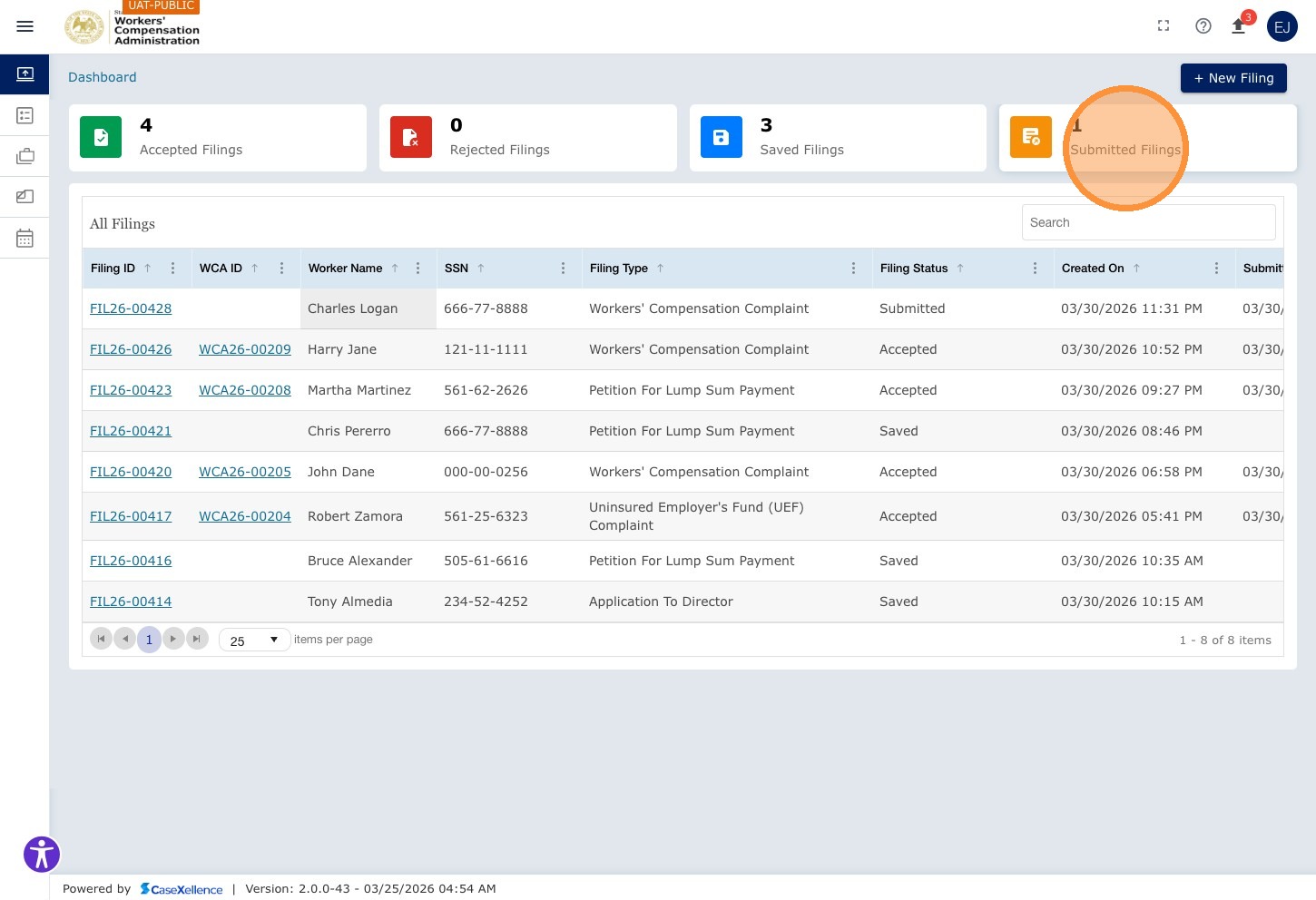 Dashboard — Submitted Filings tile highlighted. The grid updates to show only submitted filings.