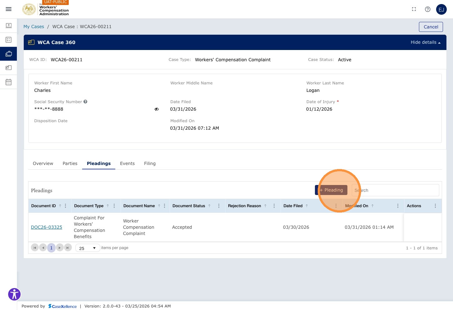 Pleadings tab — Pleadings grid showing existing DOC26-03325 (Complaint For Workers' Compensation Benefits, Document Name: Worker Compensation Complaint, Status: Accepted, Date Filed: 03/30/2026). Pleading control highlighted top right. Grid columns: Document ID, Document Type, Document Name, Document Status, Rejection Reason, Date Filed, Modified On, Actions.