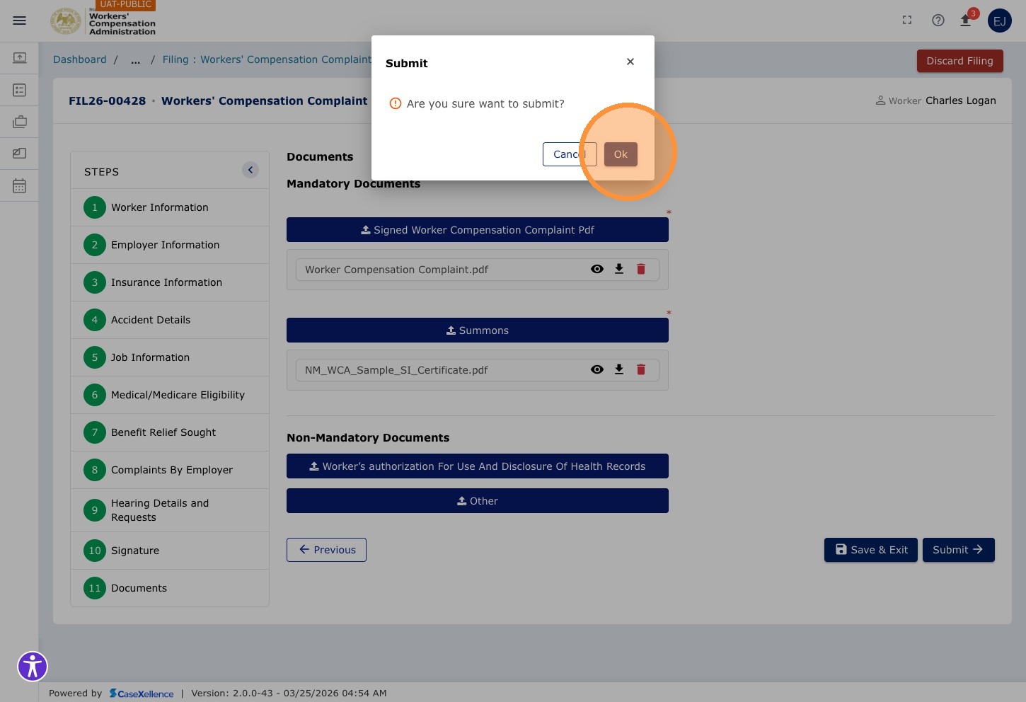 Submission confirmation dialog — Ok button highlighted