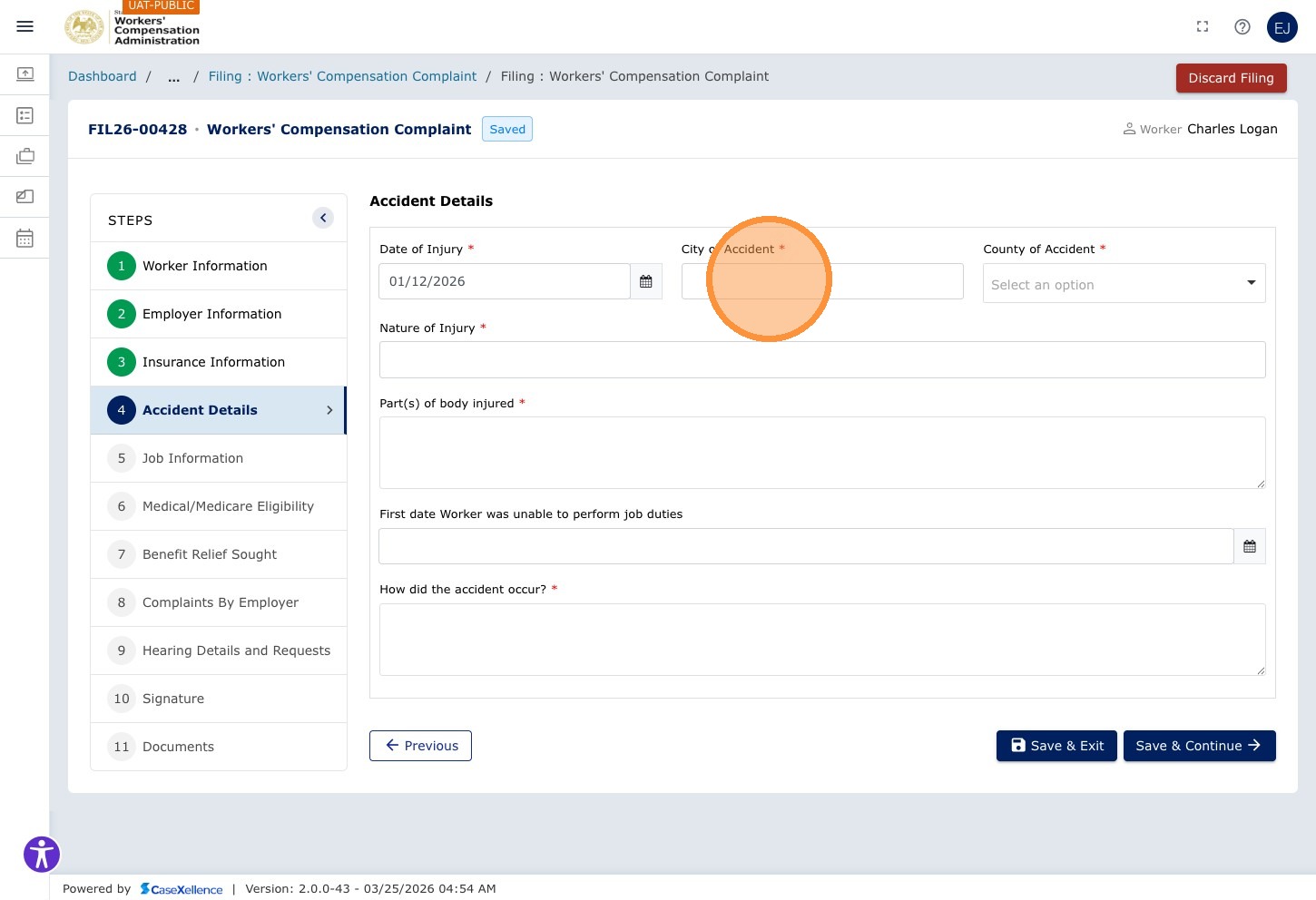 Accident Details chapter — City of Accident field highlighted