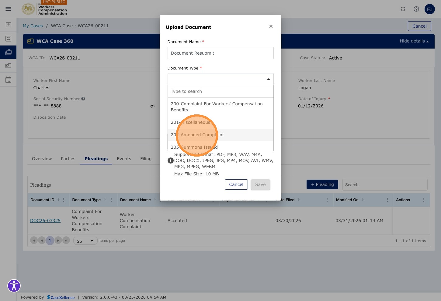 Document Type dropdown open — 202-Amended Complaint option highlighted